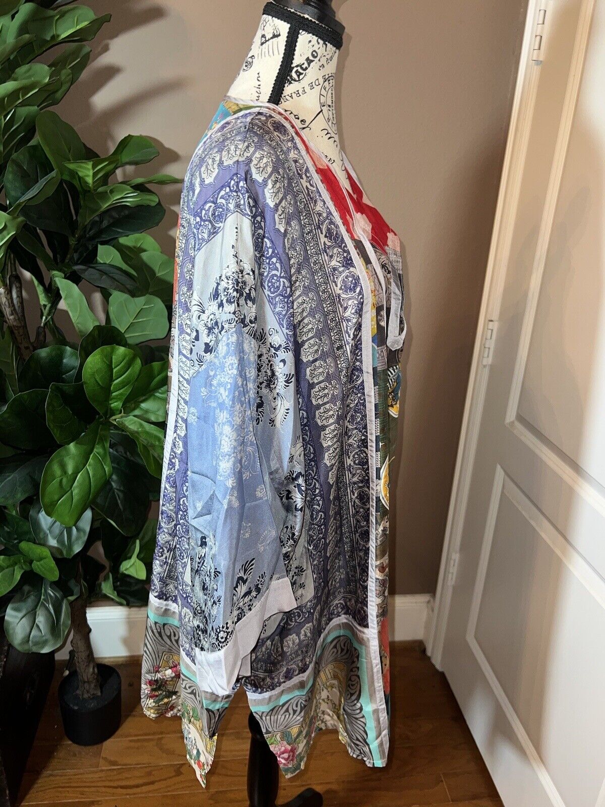 Johnny Was 100% Silk Sz L Large Tunic Top Mini Dress Kimono Sleeves OVERSIZED