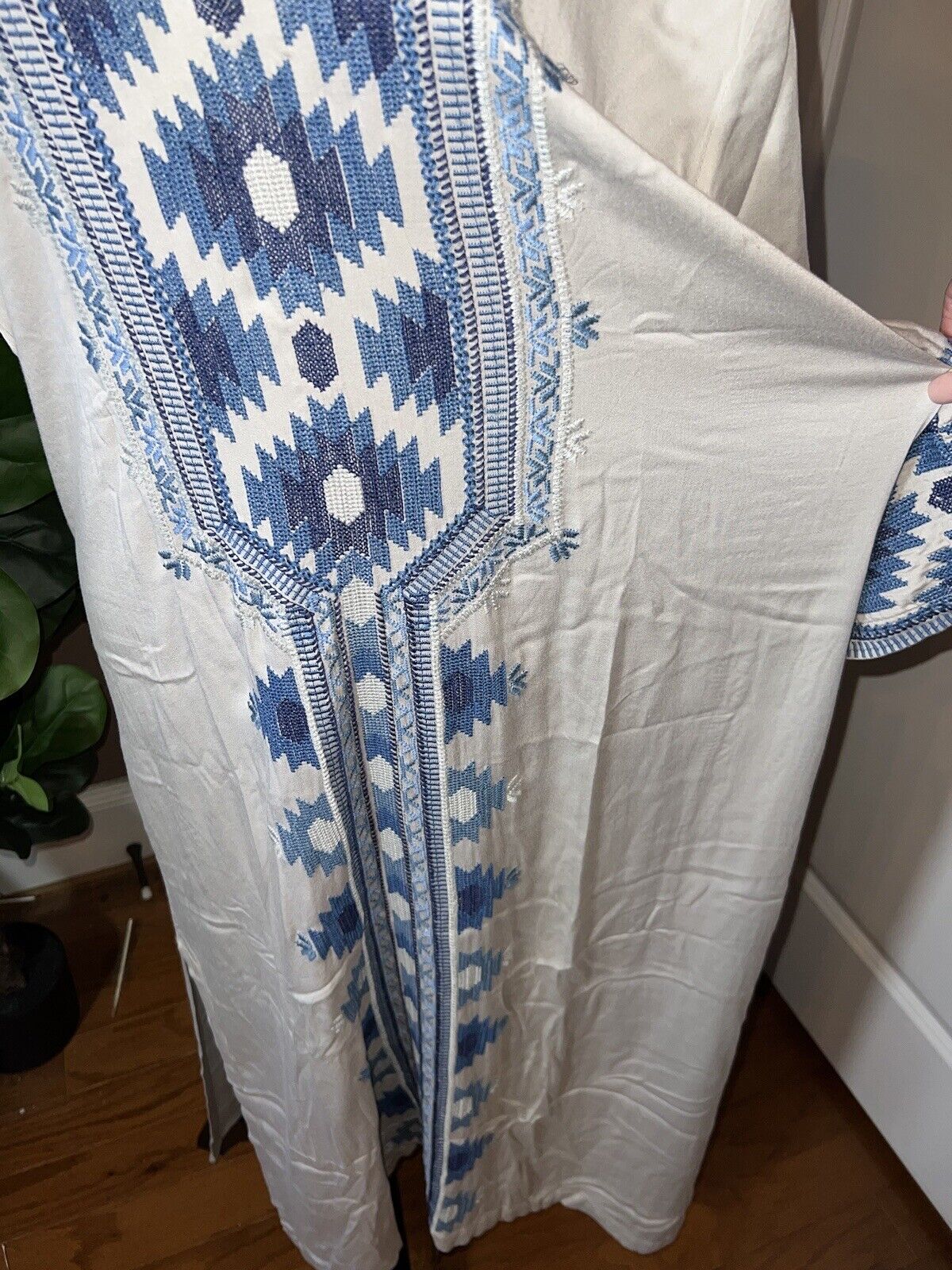 Johnny Was Sz XL Maxi Dress Cover Up Kaftan Silky Soft Light Grey/Blue/White