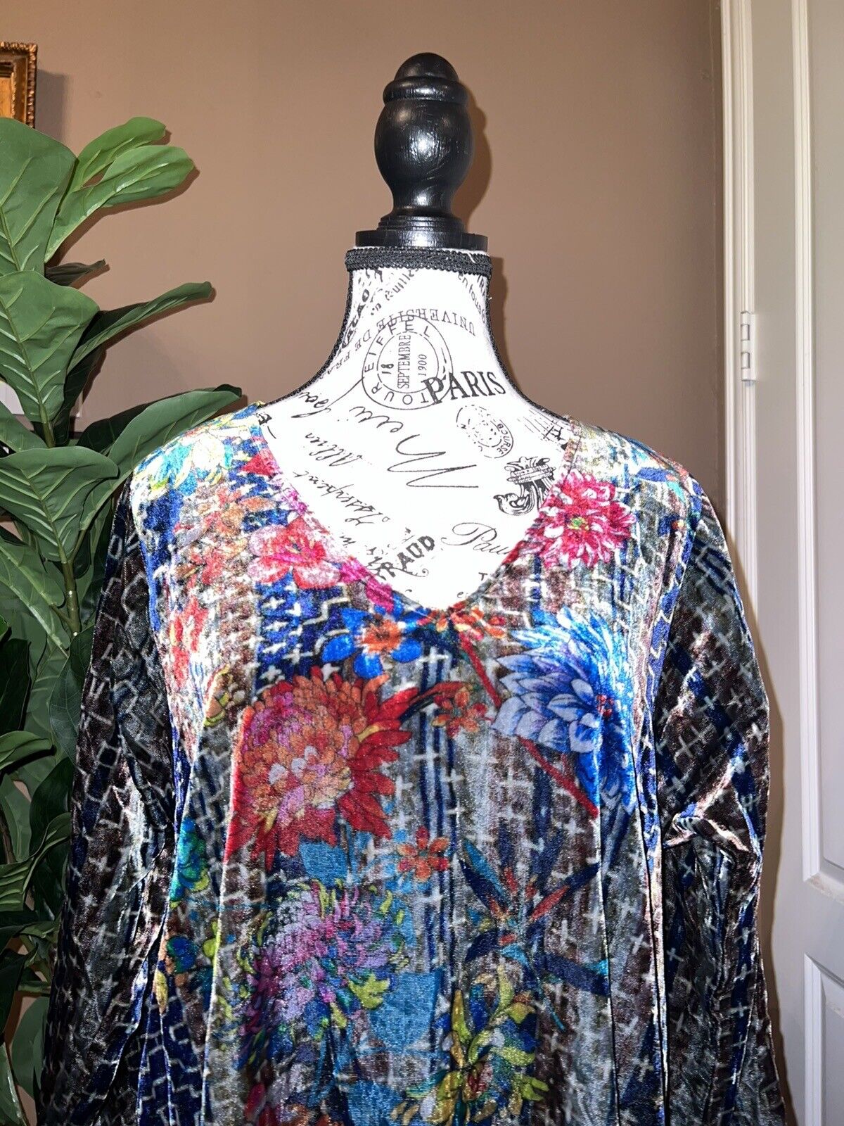 Johnny Was Floral Velvet Jewel Tones Tunic Top Mini Dress M Medium