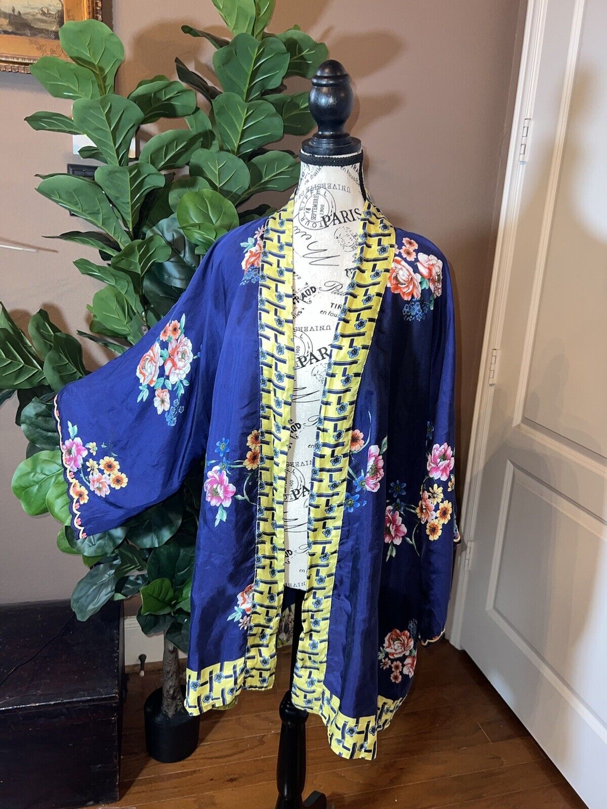 Johnny Was Navy & Yellow 100% Silk Kimono Wrap Coverup  Sz L Large