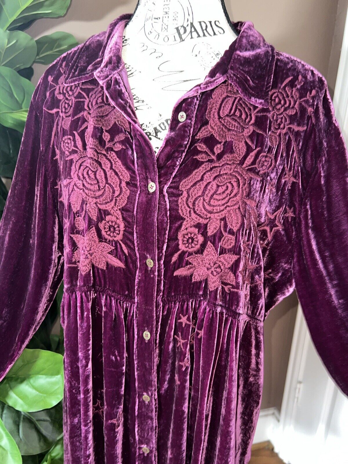 Johnny Was Sz XL Burgundy Wine Velvet Peplum Tunic Top Tonal Embroidery