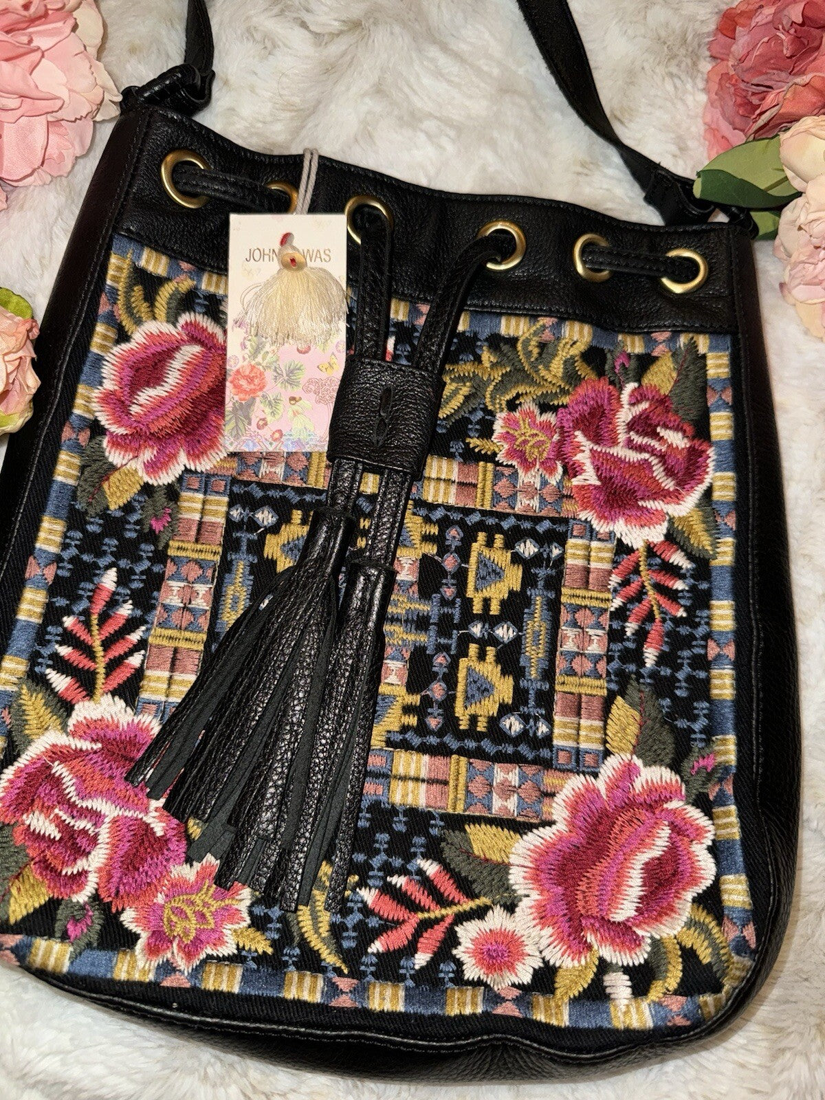 Johnny Was Black Leather Tote Bag Purse Crossbody Hobo Bucket Tassels Johnny Was