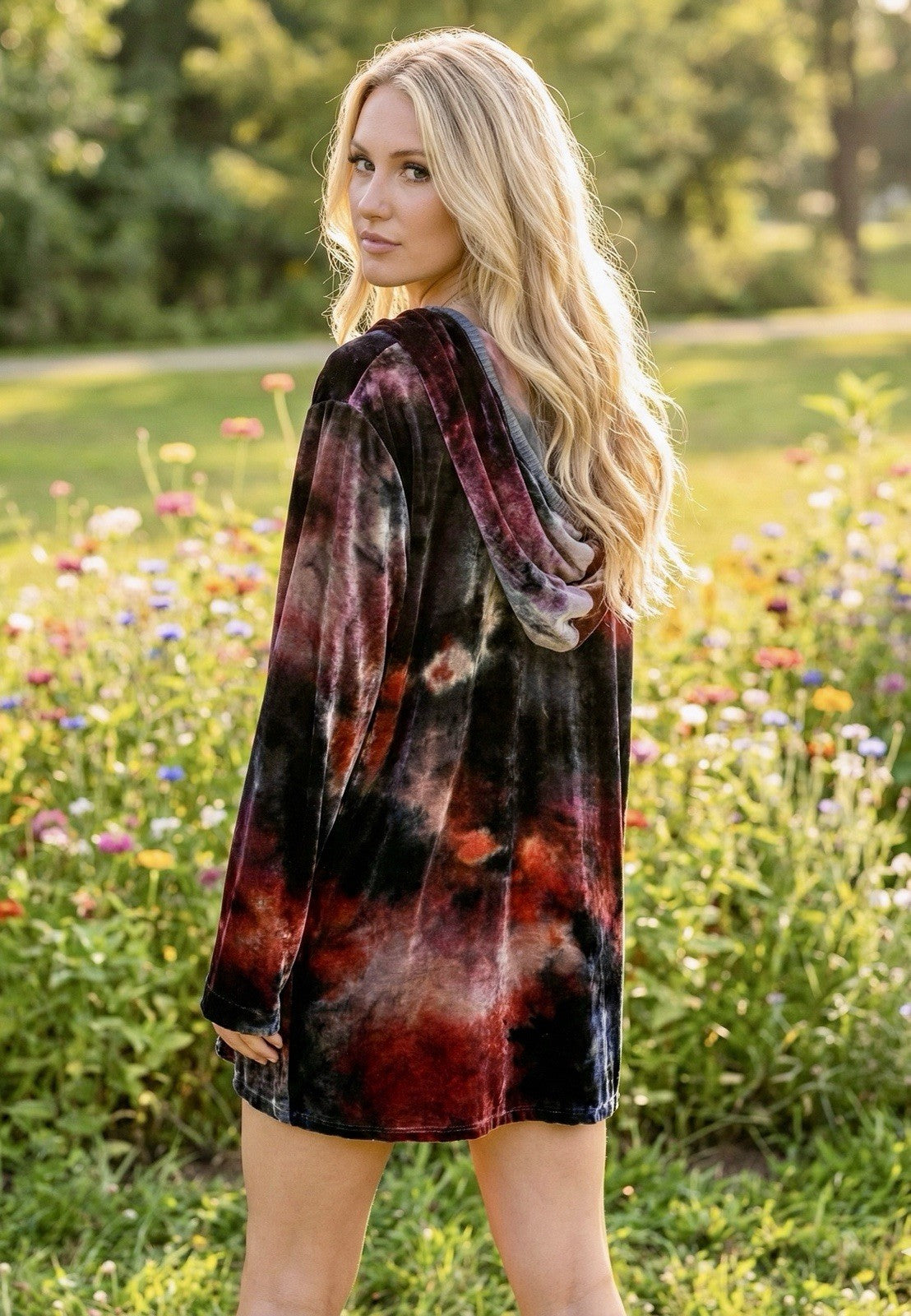 Johnny Was L Large Black & Red Velvet Hoodie Pullover Sweatshirt Tunic Top WARM Johnny Was