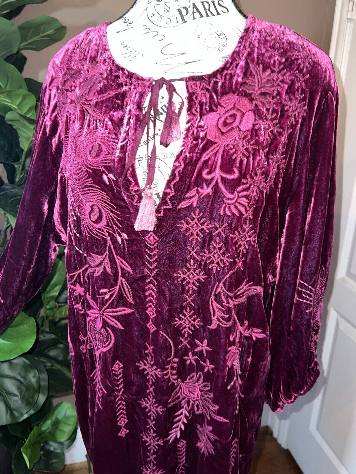 Johnny Was Large Wine Velvet Mini Shift Dress Peacock Embroidered Tunic Top