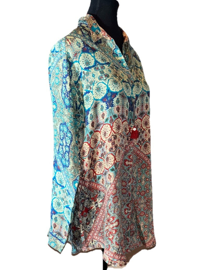 Johnny Was L 100% Silk Button Up Blouse Tunic Top Long Sleeve Lightweight Cool Johnny Was