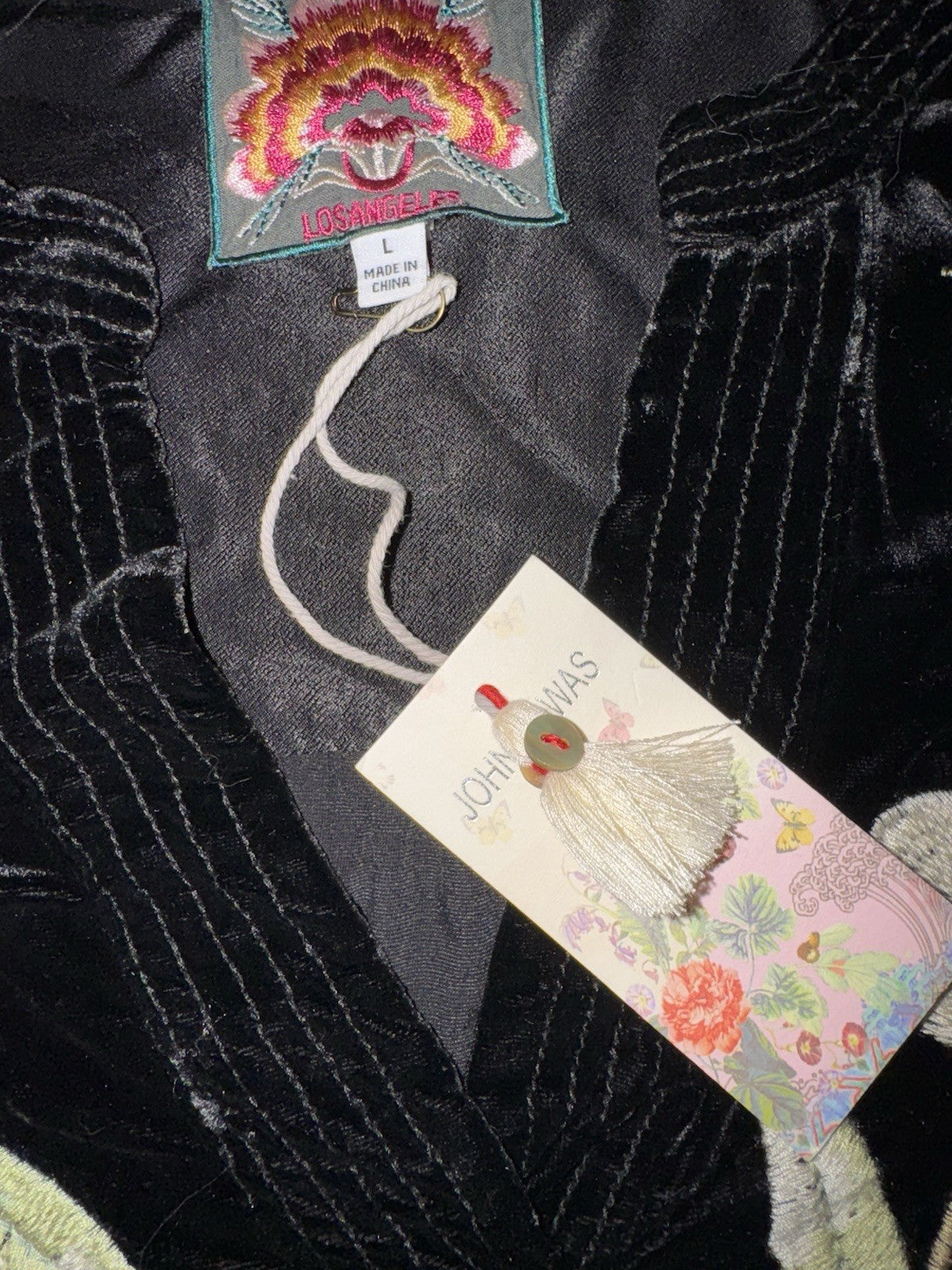 Johnny Was L Black Velvet Mini Shift Dress Tunic Top Floral Embroidery Boho Johnny Was