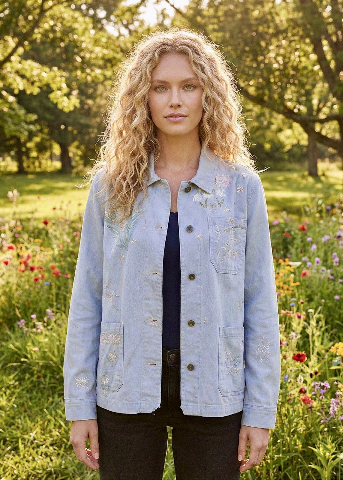 Johnny Was S Sezane Denim Worker Jacket Coat Light Blue Embroidered Johnny Was