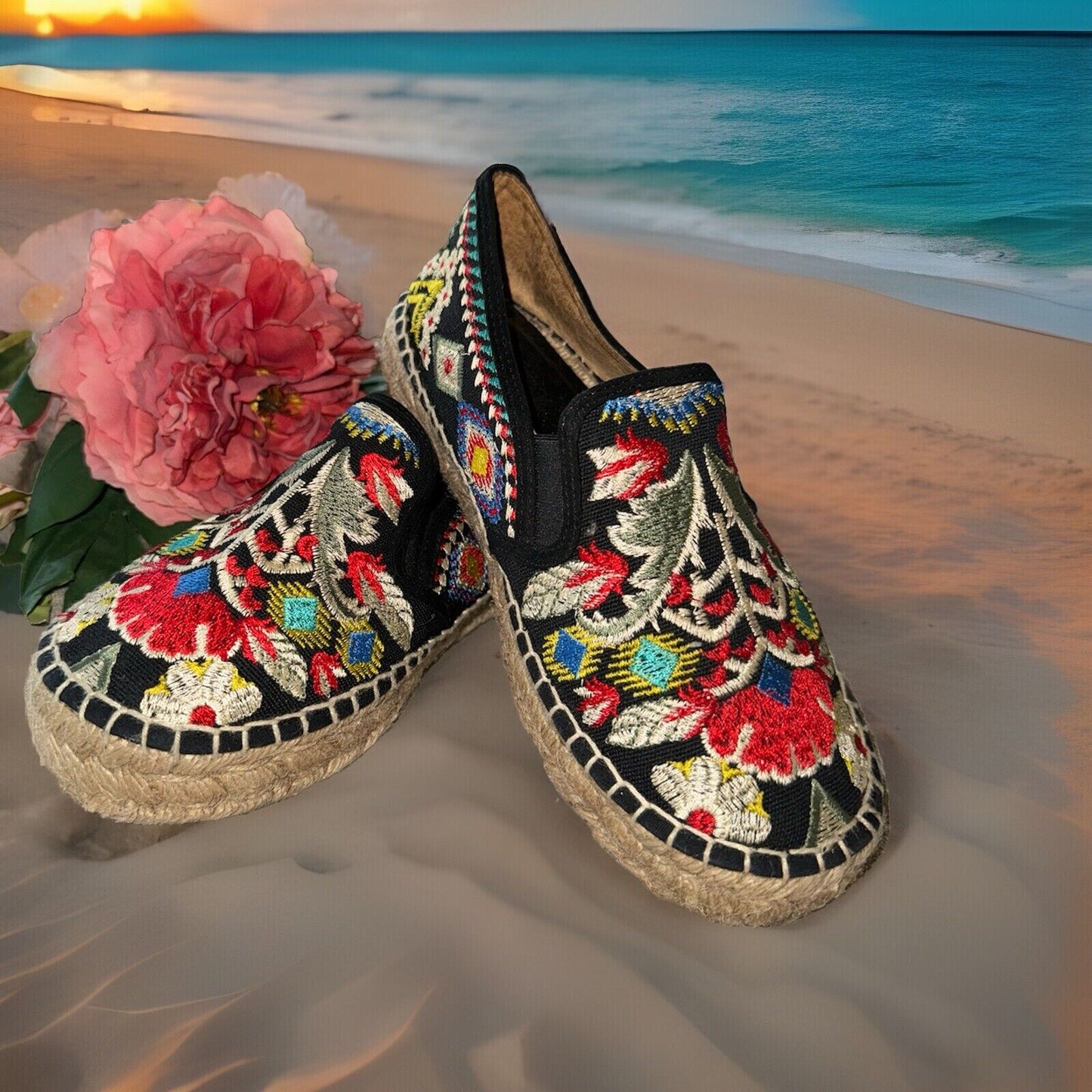 Johnny Was Black Floral Embroidered Espadrilles Sz 37 US 7  Worn Once!