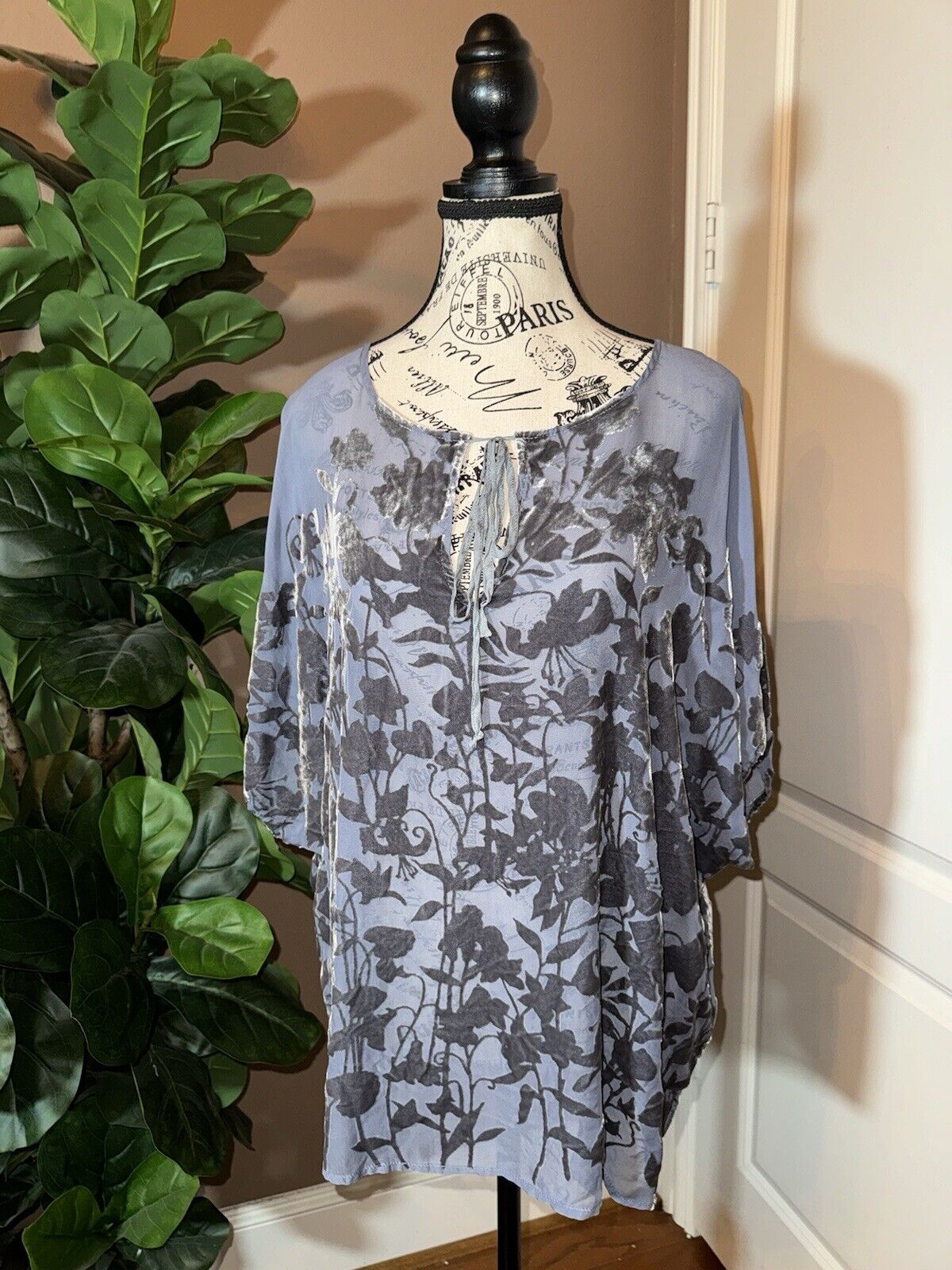 Johnny Was L Large Soft Blue Velvet Burnout  Tunic Top Blouse