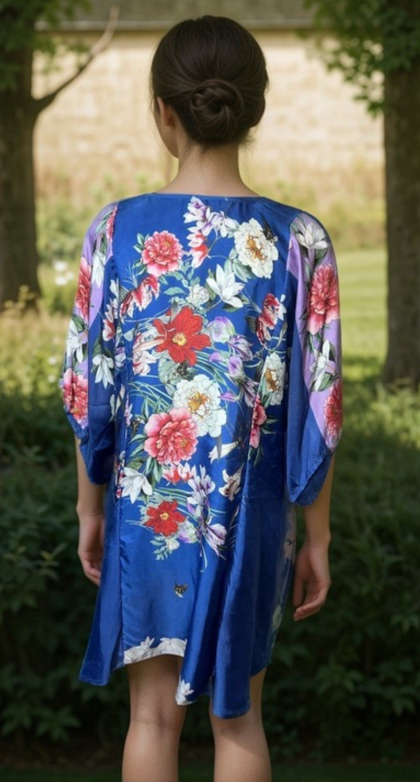Johnny Was 100% Silk L Blue Tunic Top Cool Lightweight BOHO Flowers Butterflies Johnny Was