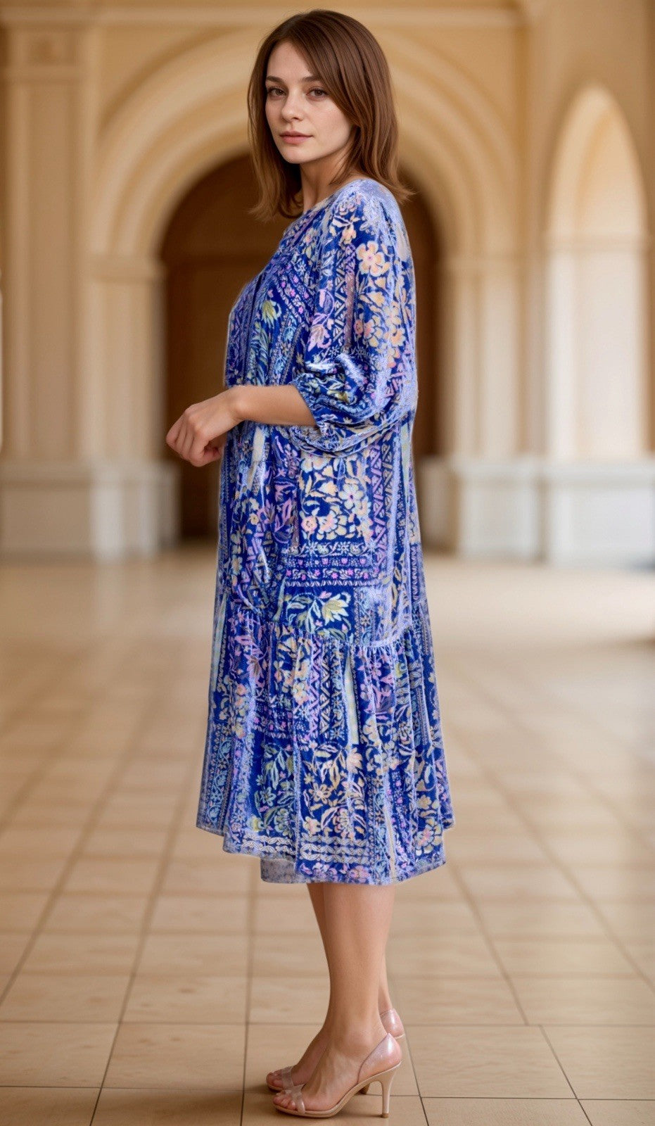 Johnny Was 3X Blue & Purple Velvet Burnout Shift MIDI Dress Lightweight Cool Johnny Was