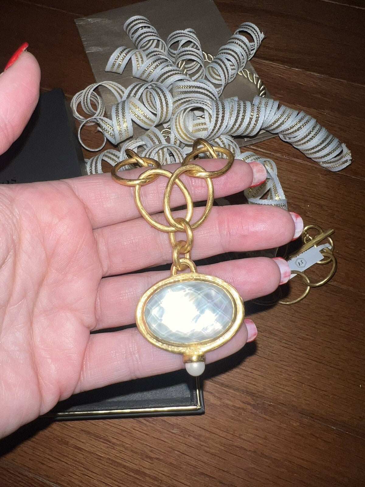 Julie Vos Statement Necklace Iridescent White Pendant 24k Plate Toggle Link Julie Vos