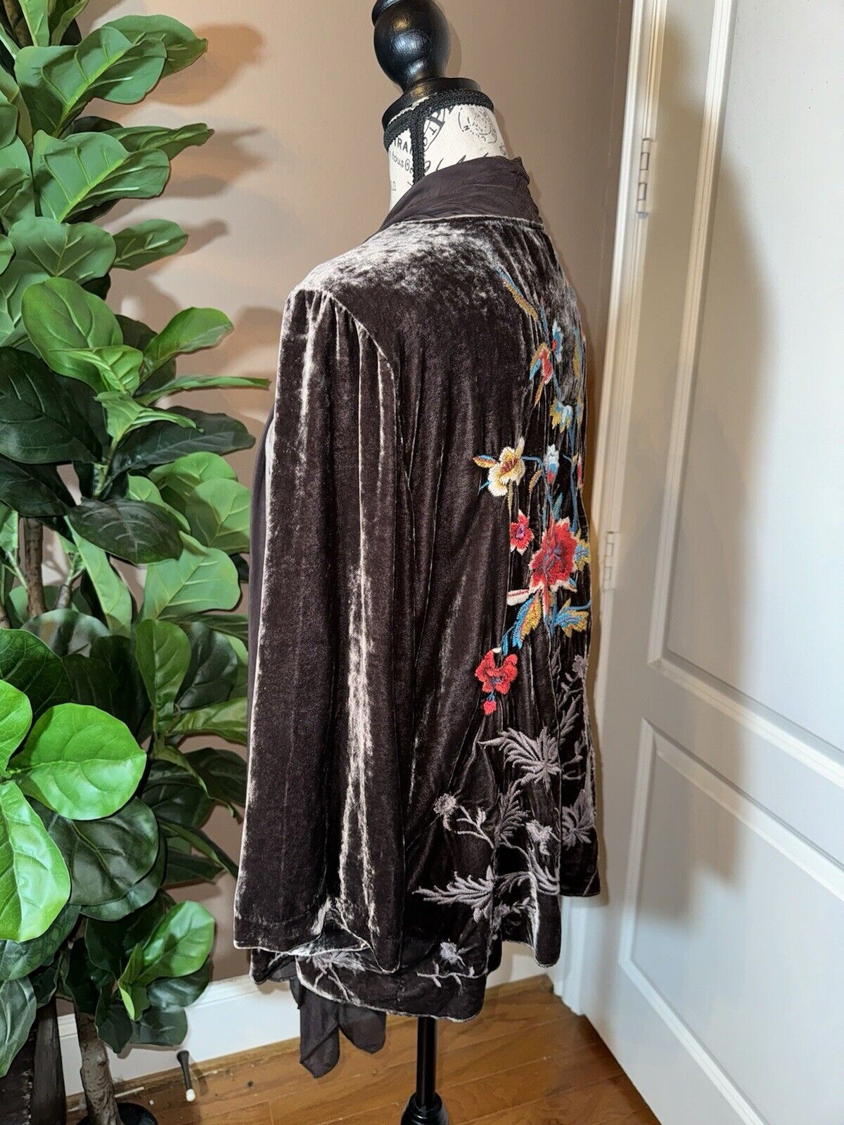 Johnny Was Sz XL Velvet & Silk Panel Kimono Embroidery Wrap Cardigan Jacket