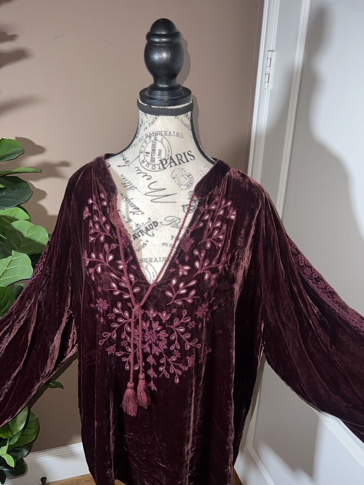 Johnny Was Burgandy Wine Velvet & Embroidered Tunic Top Kimono XL 1X 1XL