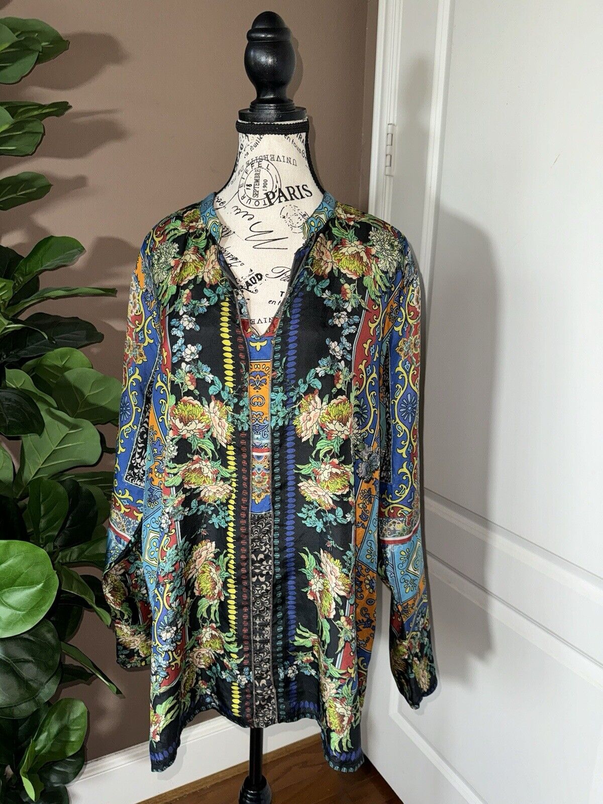 Johnny Was 100% Silk L Large Tunic Top Mini Dress Kimono Sleeves OVERSIZED