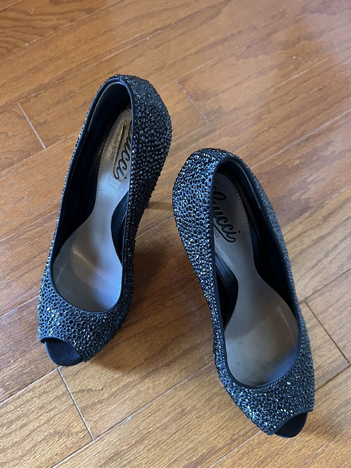 GUCCI Size 9 Black Crystal ETOILE SOFIA Open Toe Heels Pumps Shoes 39 !!!