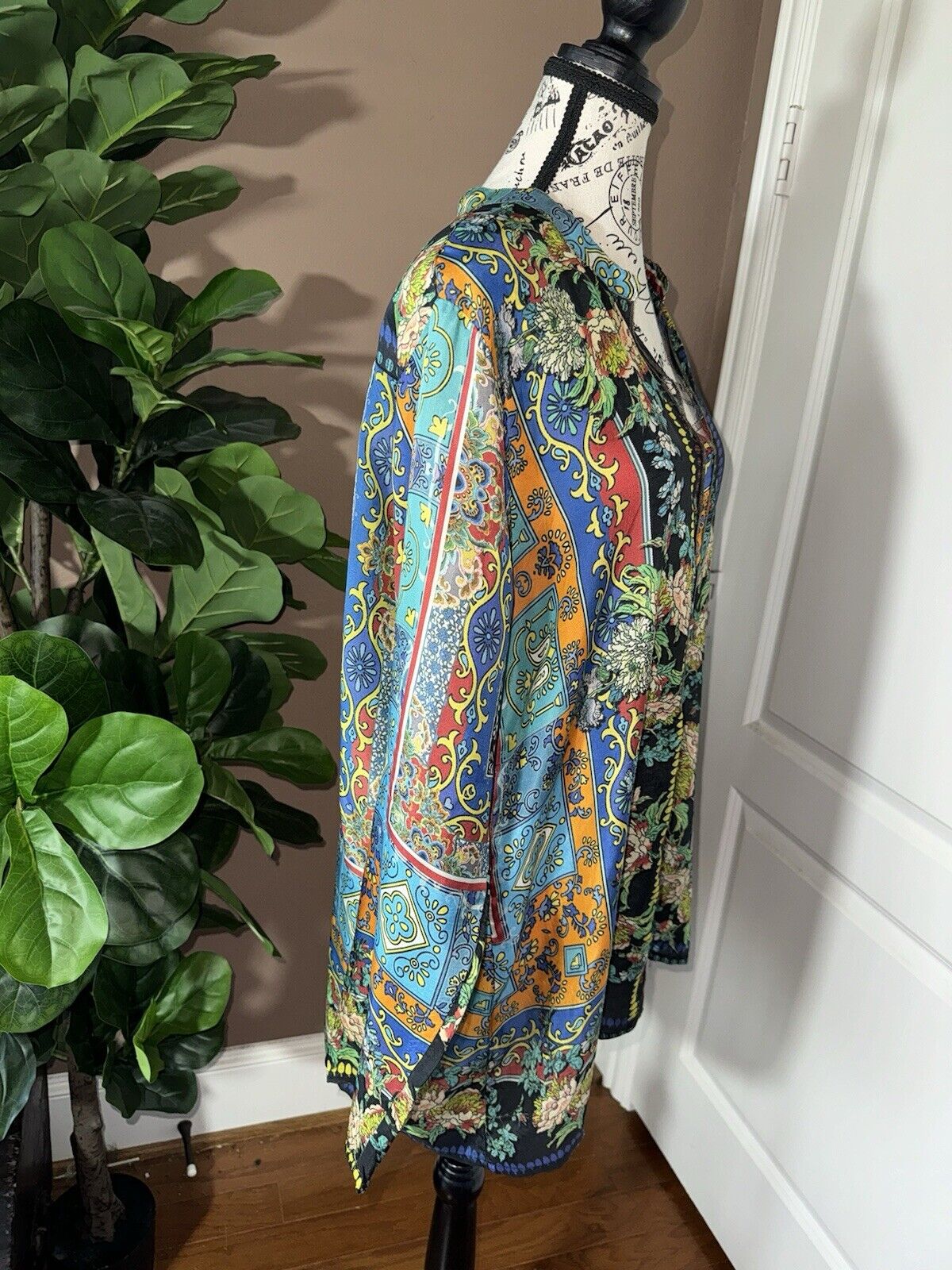 Johnny Was 100% Silk L Large Tunic Top Mini Dress Kimono Sleeves OVERSIZED