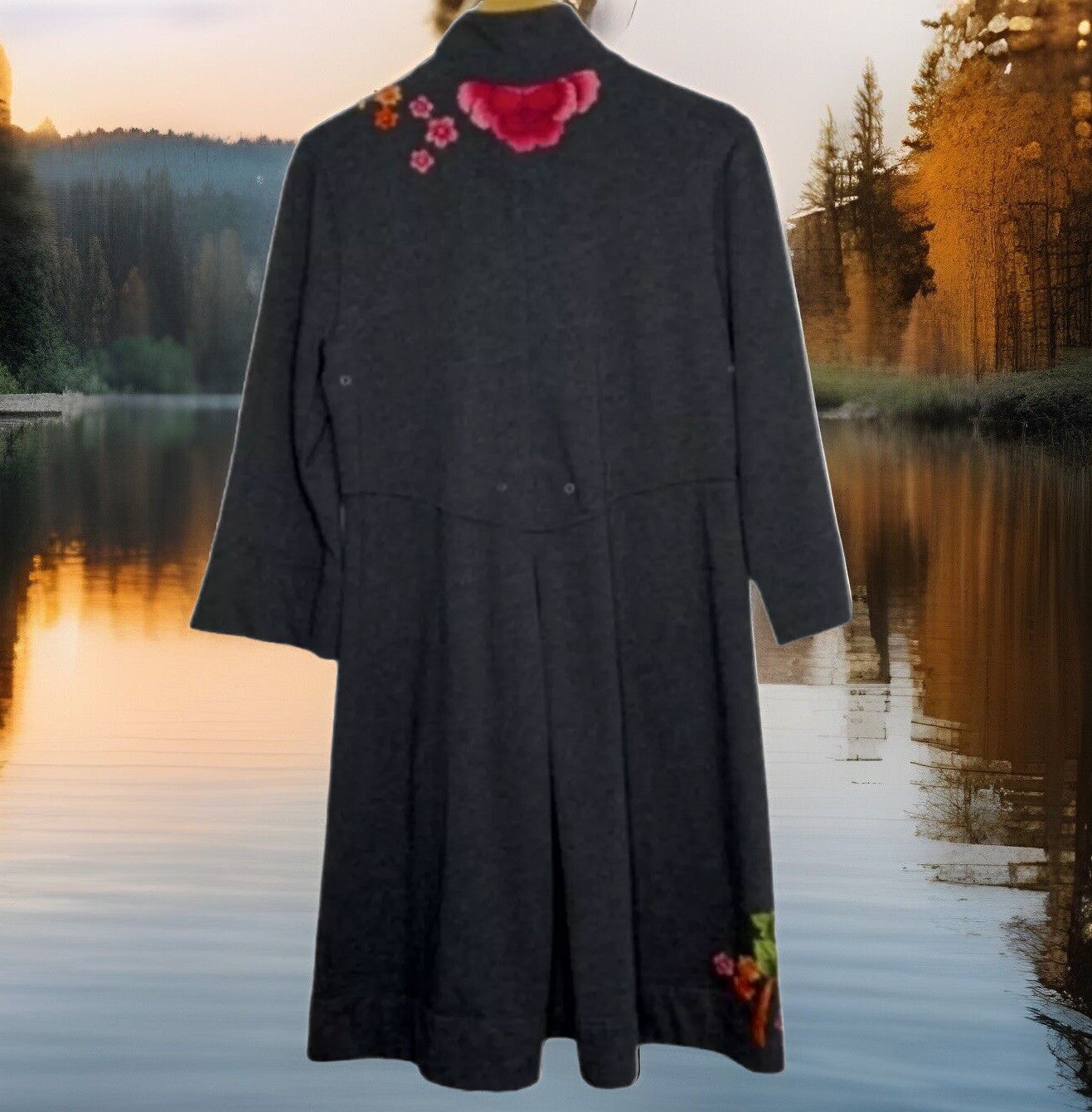 Johnny Was 1X Charcoal Military Style Coat Jacket Wrap Embroidered Soft & Warm Johnny Was