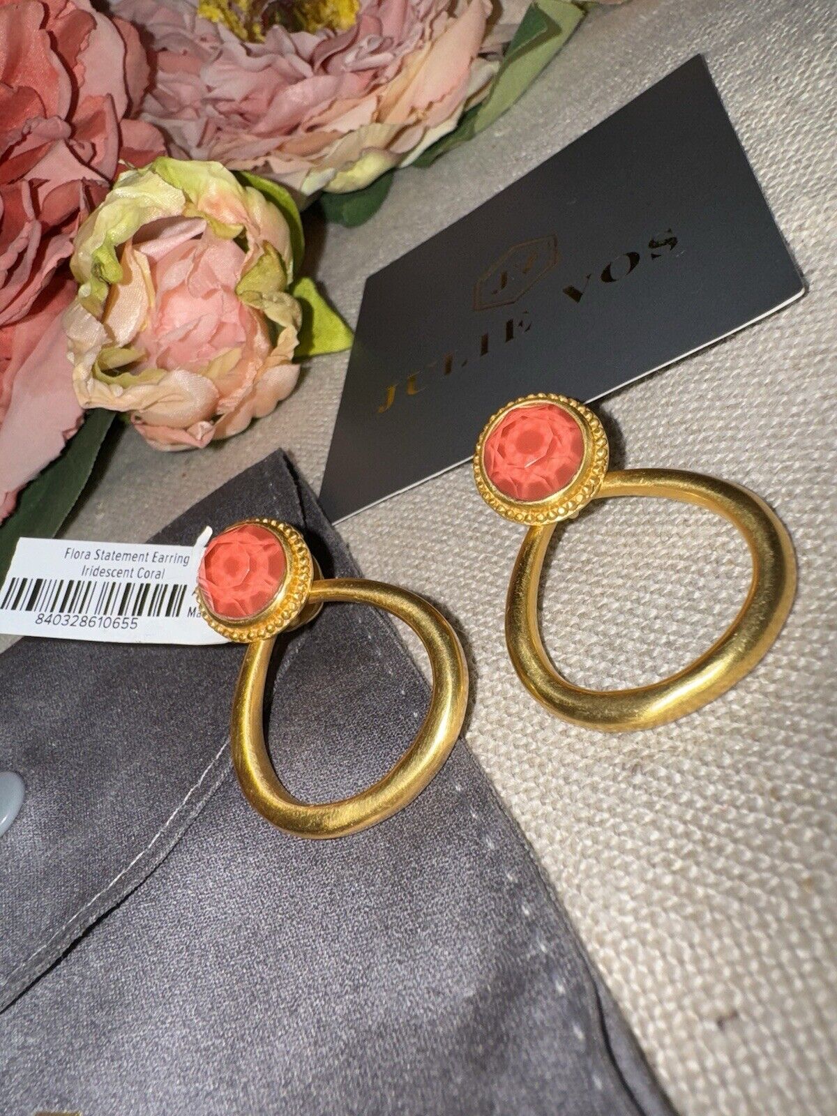 Julie Vos Iridescent Coral Hanging Hoops 24k Gold Plated Earrings