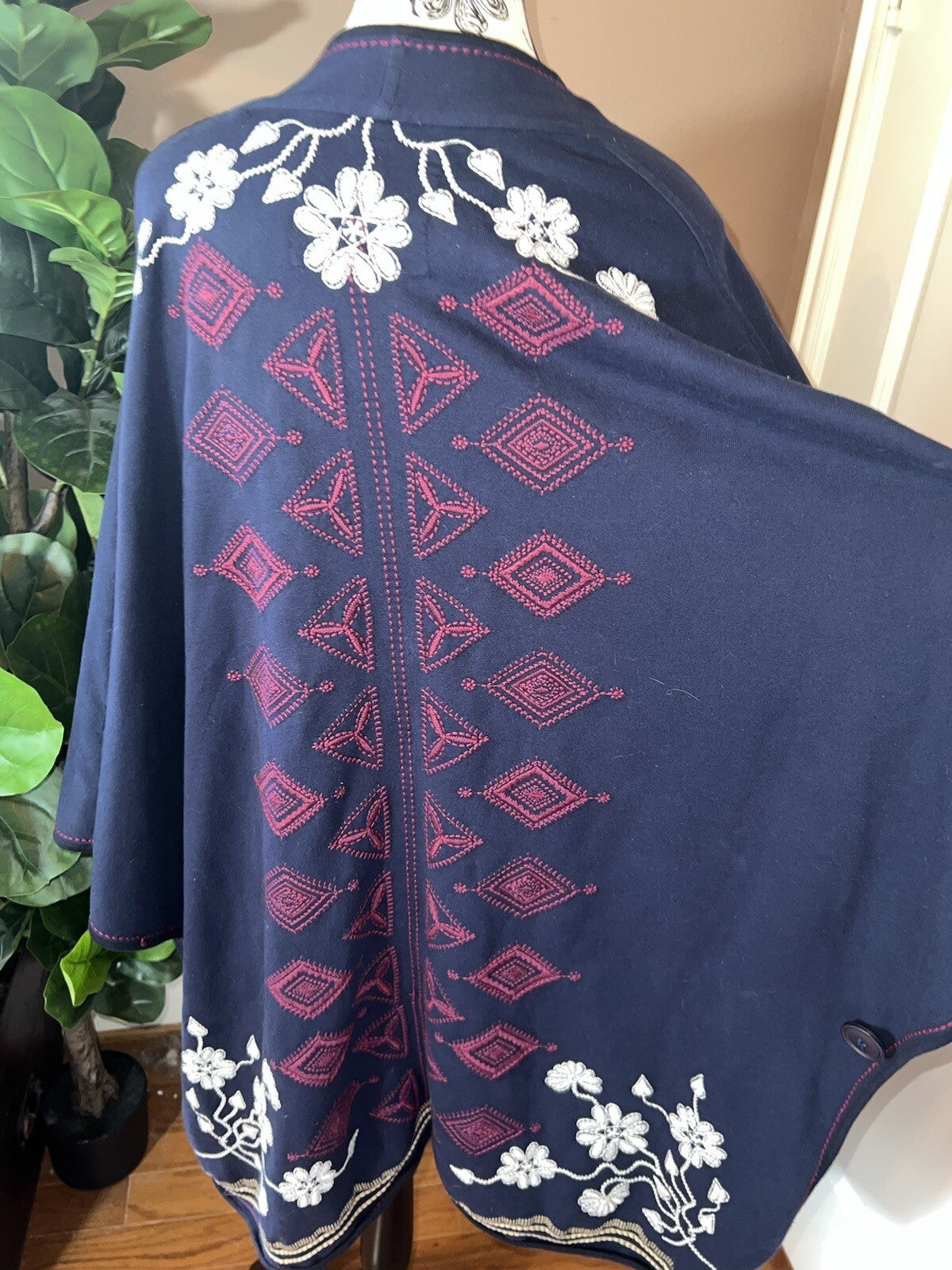 Johnny Was Navy Blue & Red French Terry 3X Kimono Wrap Poncho Coat Jacket Johnny Was