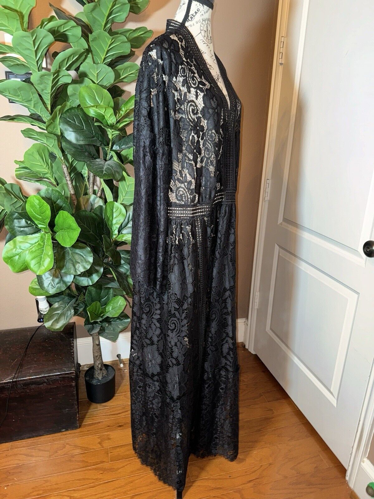 Johnny Was 2X 2XL Black Lace Long Maxi Dress Kimono Sleeves Empire Waist