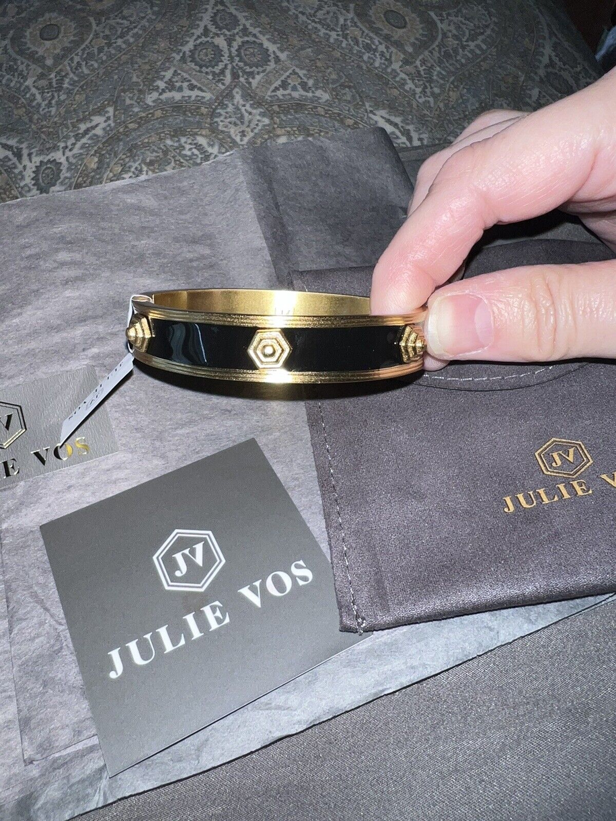 Julie Vos Black Enamel Over 24k Gold Plated Hinged Bangle Bracelet Octagonal