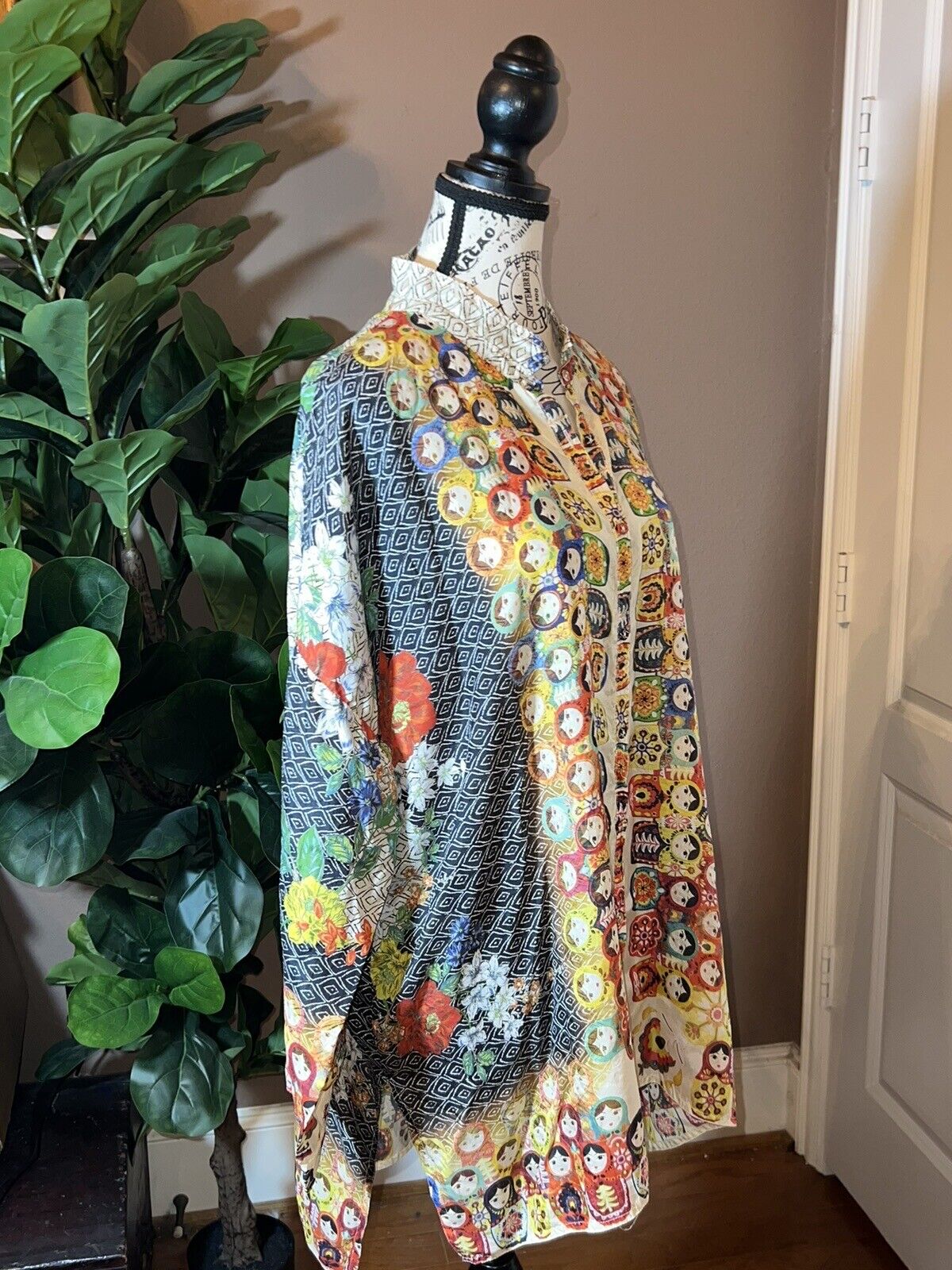 Johnny Was Russian Nesting Dolls 100% Silk Blouse Top Tunic L  Large OVERSIZED