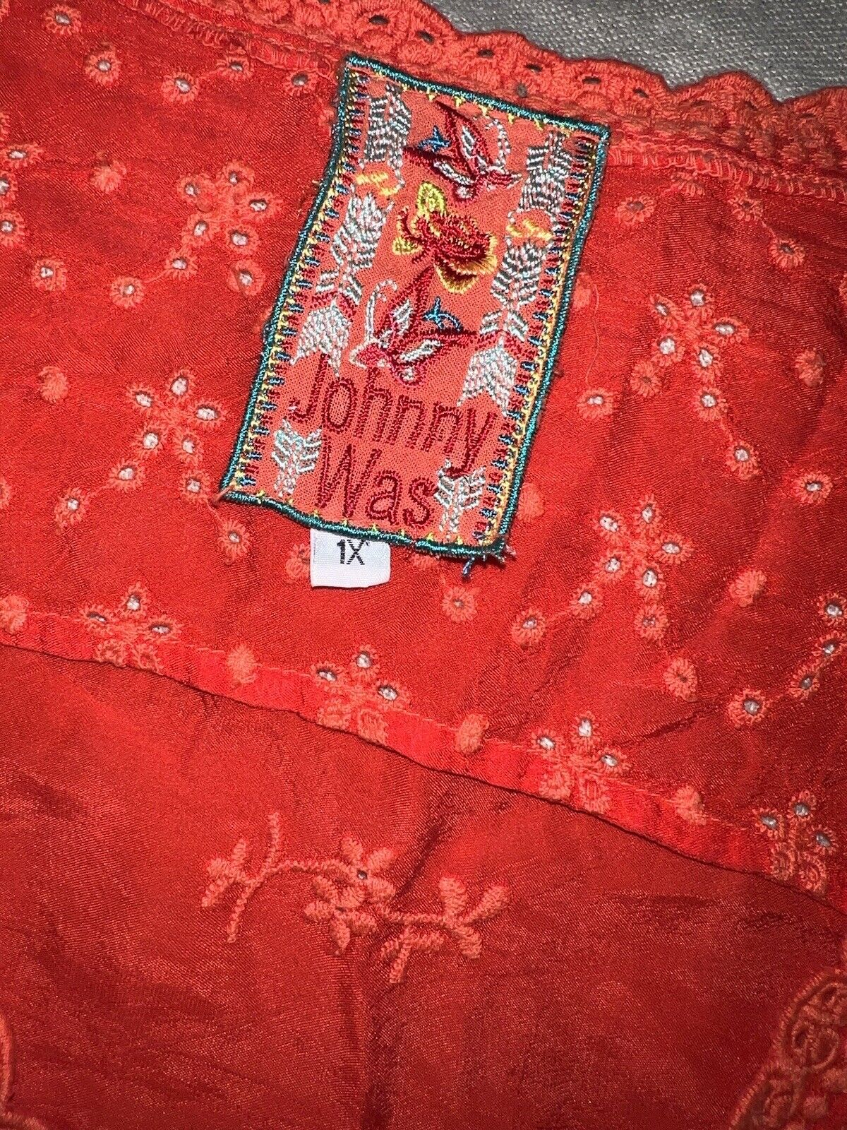 Johnny Was Orangey Red Silky Embroidery & Eyelet Tonal Tunic Kimono Sz 1X 1XL XL