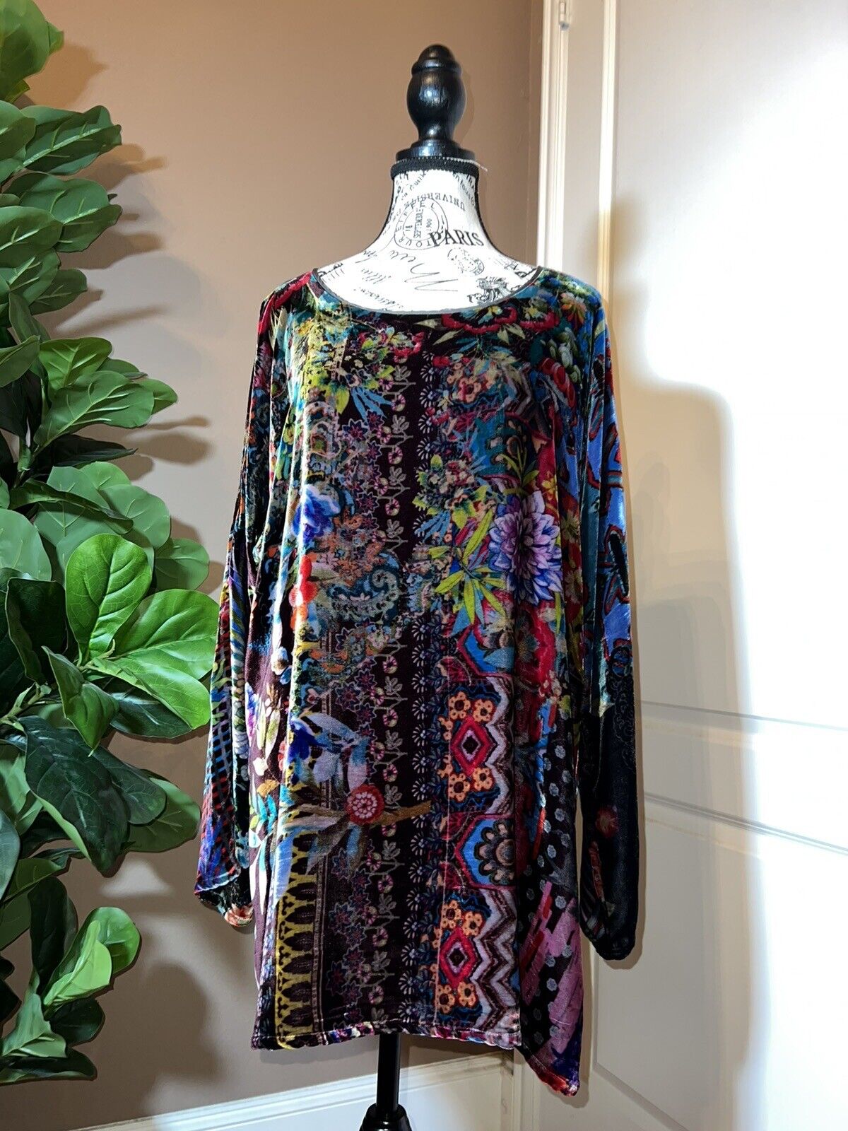 Johnny Was Floral Velvet Tunic Top Mini Dress Long Sleeve Sz XL Jewel Tones