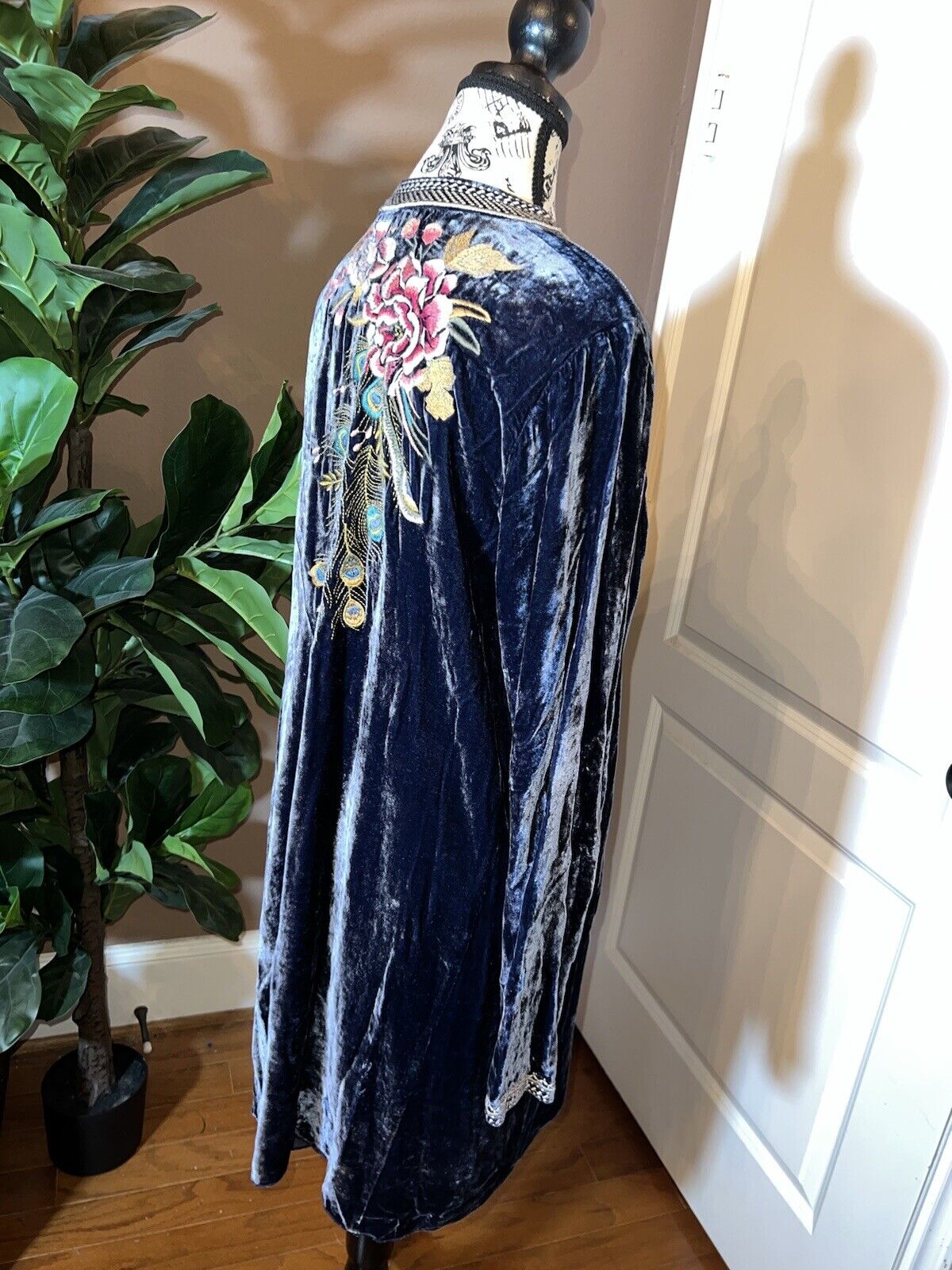 Johnny Was 1X Blue Velvet Kimono Mini Dress Peacock Feather Embroidery