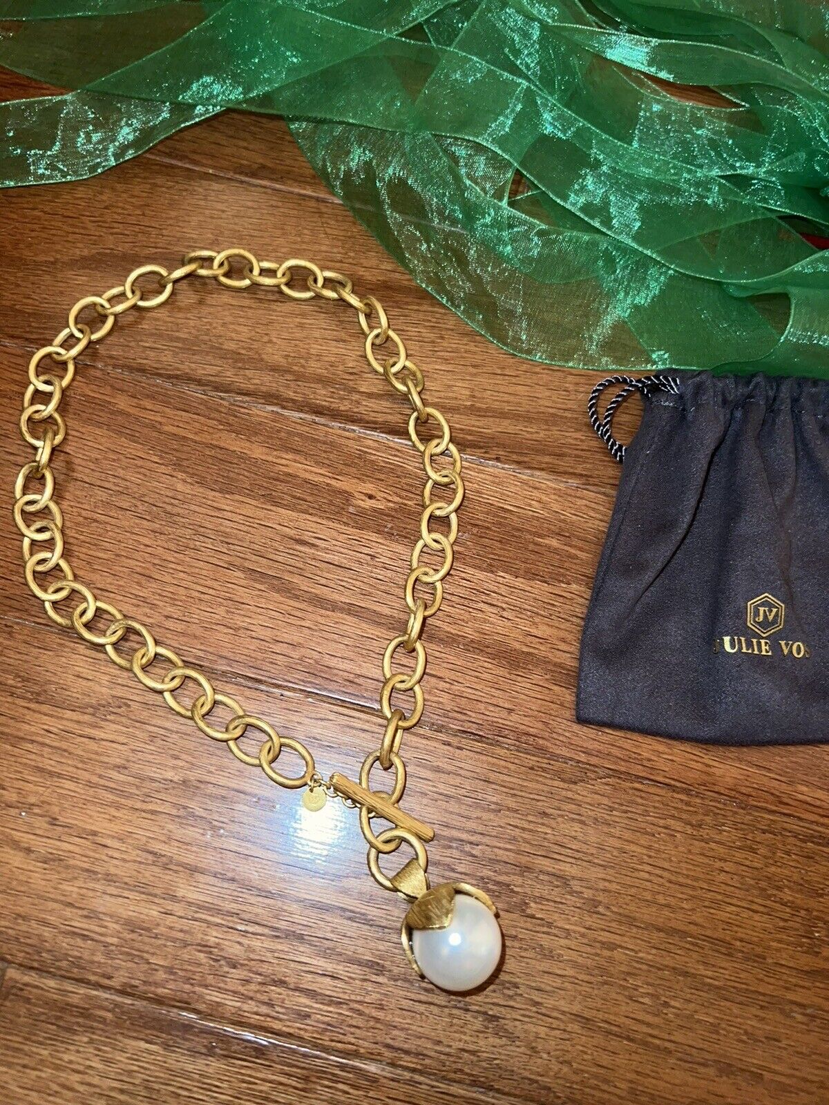 Julie Vos 24k Gold Plate And Large Pearl Toggle Link Necklace ADJUSTABLE WOW