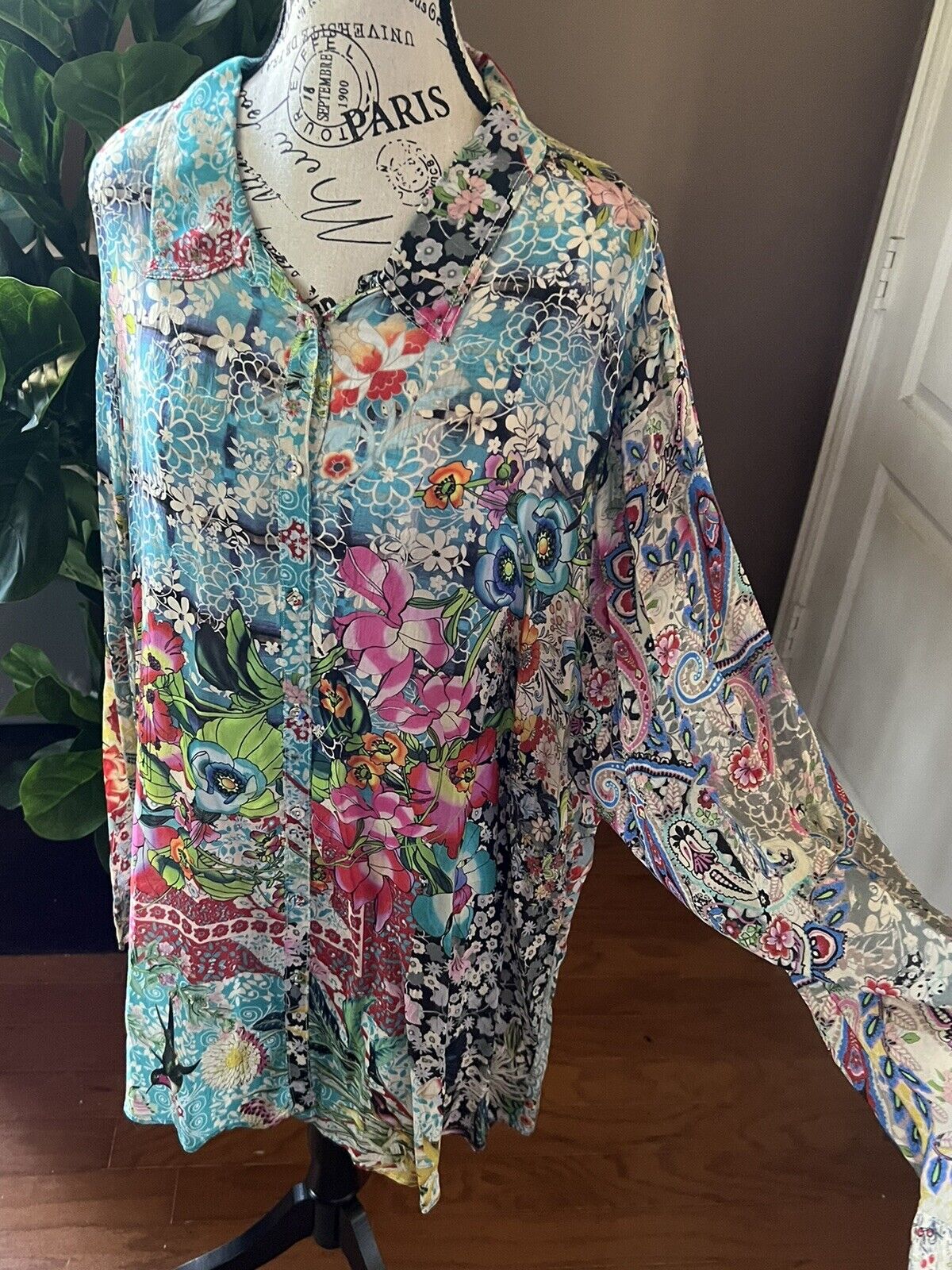 Johnny Was 3X Silky Blouse Top Long Sleeve Shirt Button Up Gorgeous Floral Tunic