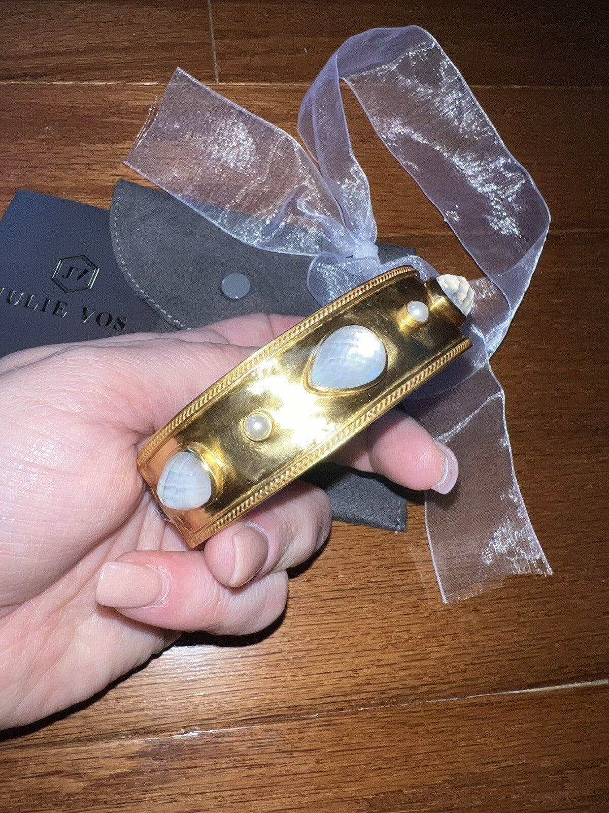 Julie Vos Large Hinged Bangle Cuff Bracelet 24k Gold Plate & Iridescent Julie Vos