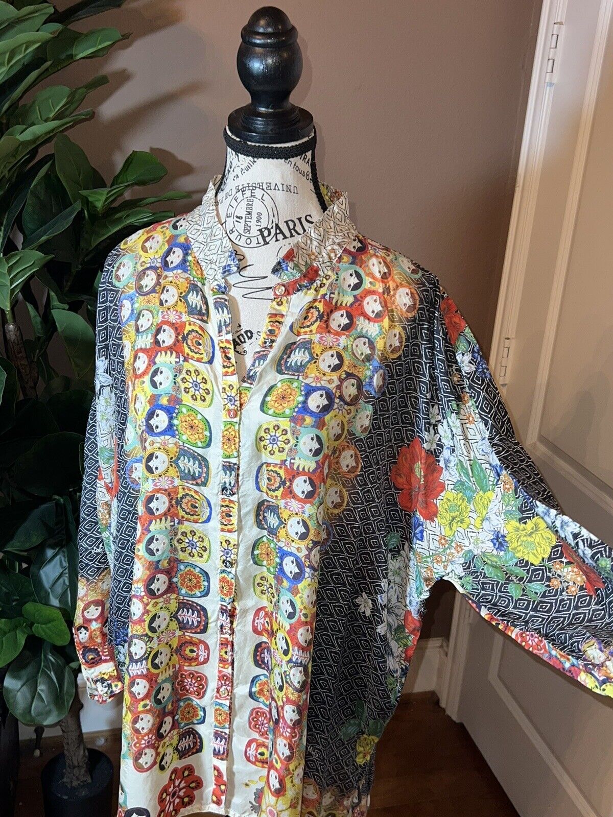 Johnny Was Nesting Dolls 100% Silk Blouse Top Tunic L  Large OVERSIZED