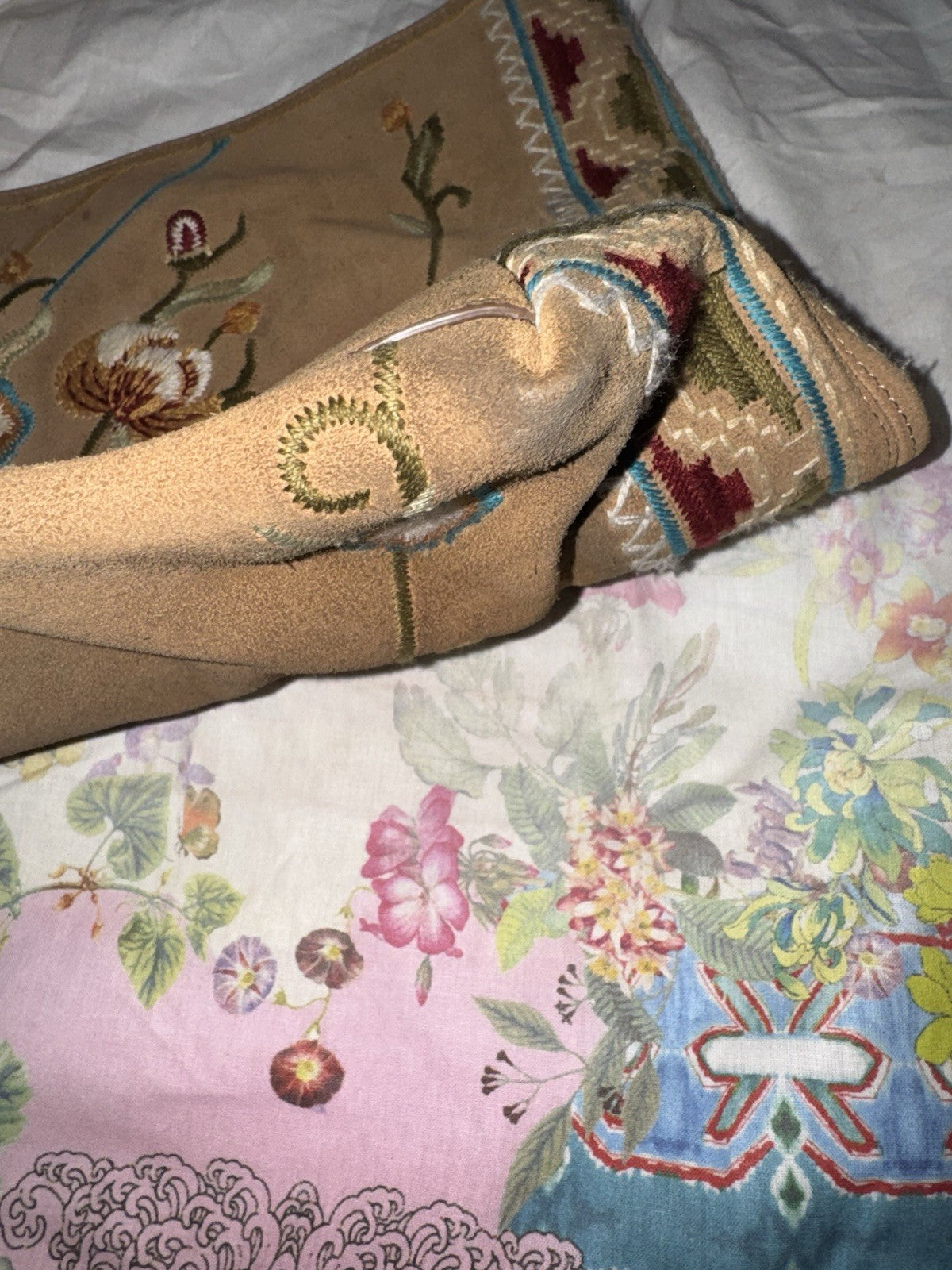 Johnny Was Brown Suede & Leather Bag Purse Tote Hobo Embroidered   *READ* Johnny Was