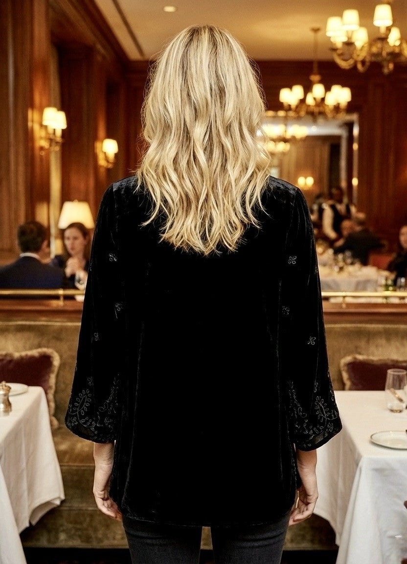 Johnny Was XL Black Velvet Tunic Top Blouse Tonal Embroidery Kimono Sleeves BOHO - Boho Beauty Boutique