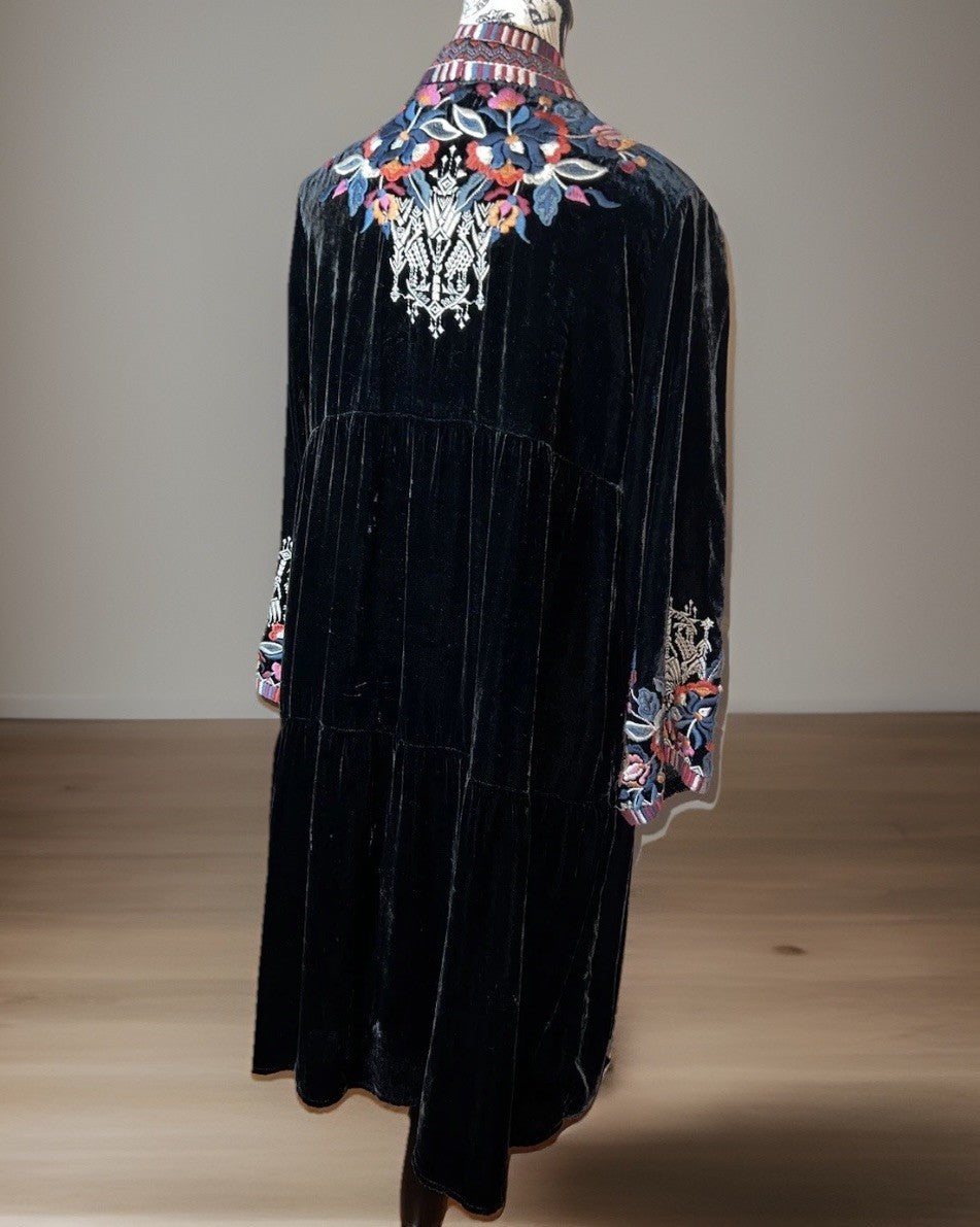 Johnny Was L Large Long Black Velvet Kimono Wrap Jacket Duster Oversized Aztec Johnny Was