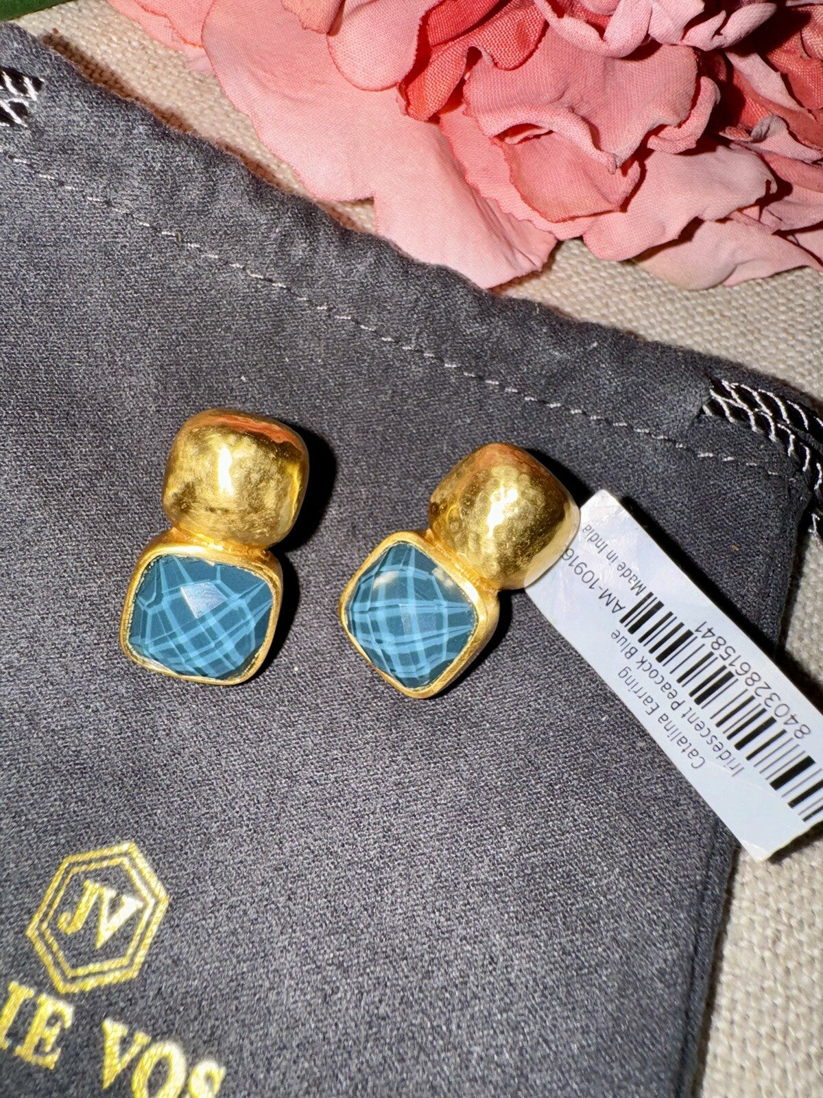 Julie Vos Iridescent Peacock Blue Crystal 24k Gold Plated Earrings Julie Vos