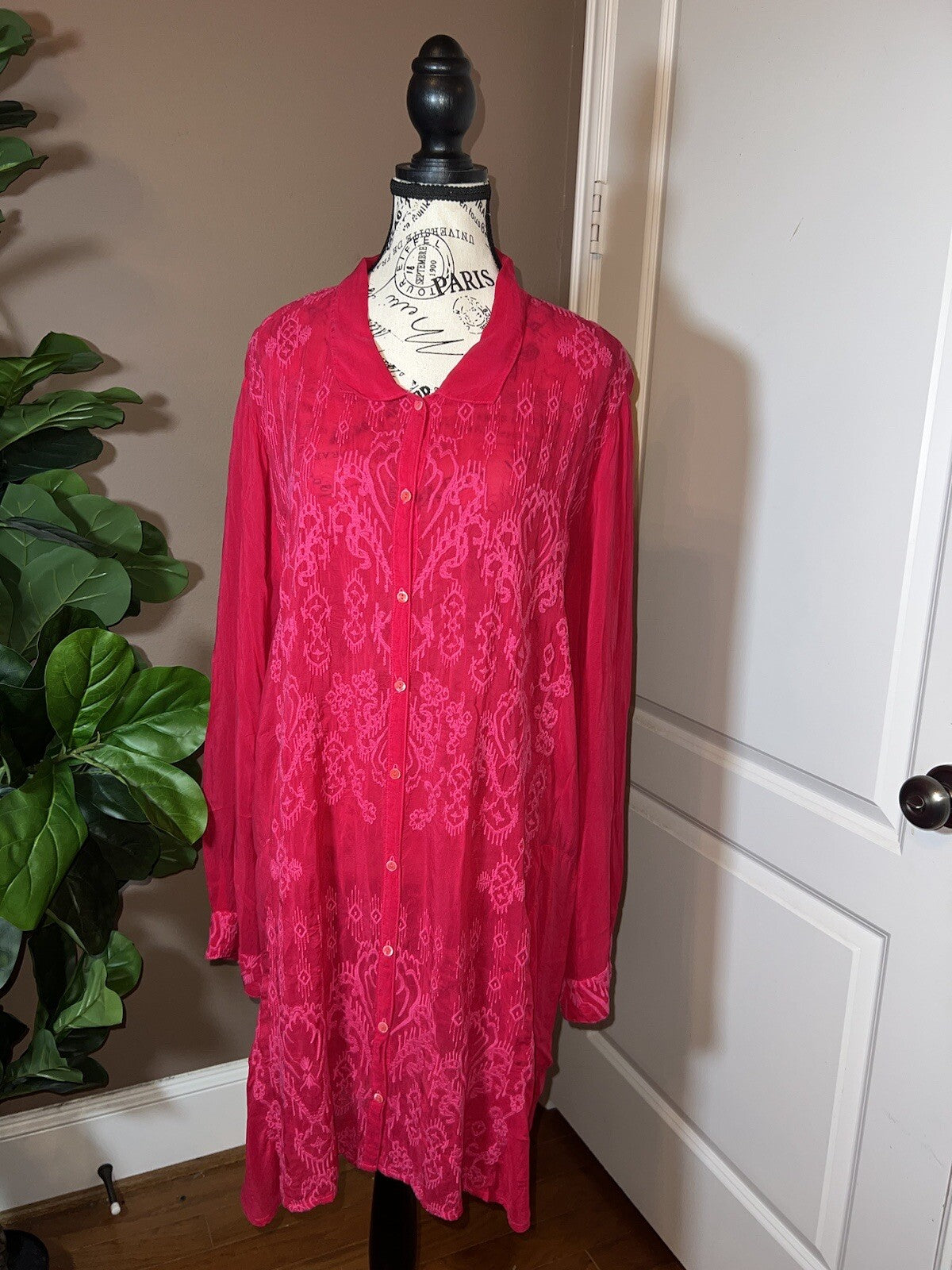 Johnny Was 1X Hot Pink Mini Shift Dress Button Up Shirt Embroidered Tunic Top Johnny Was