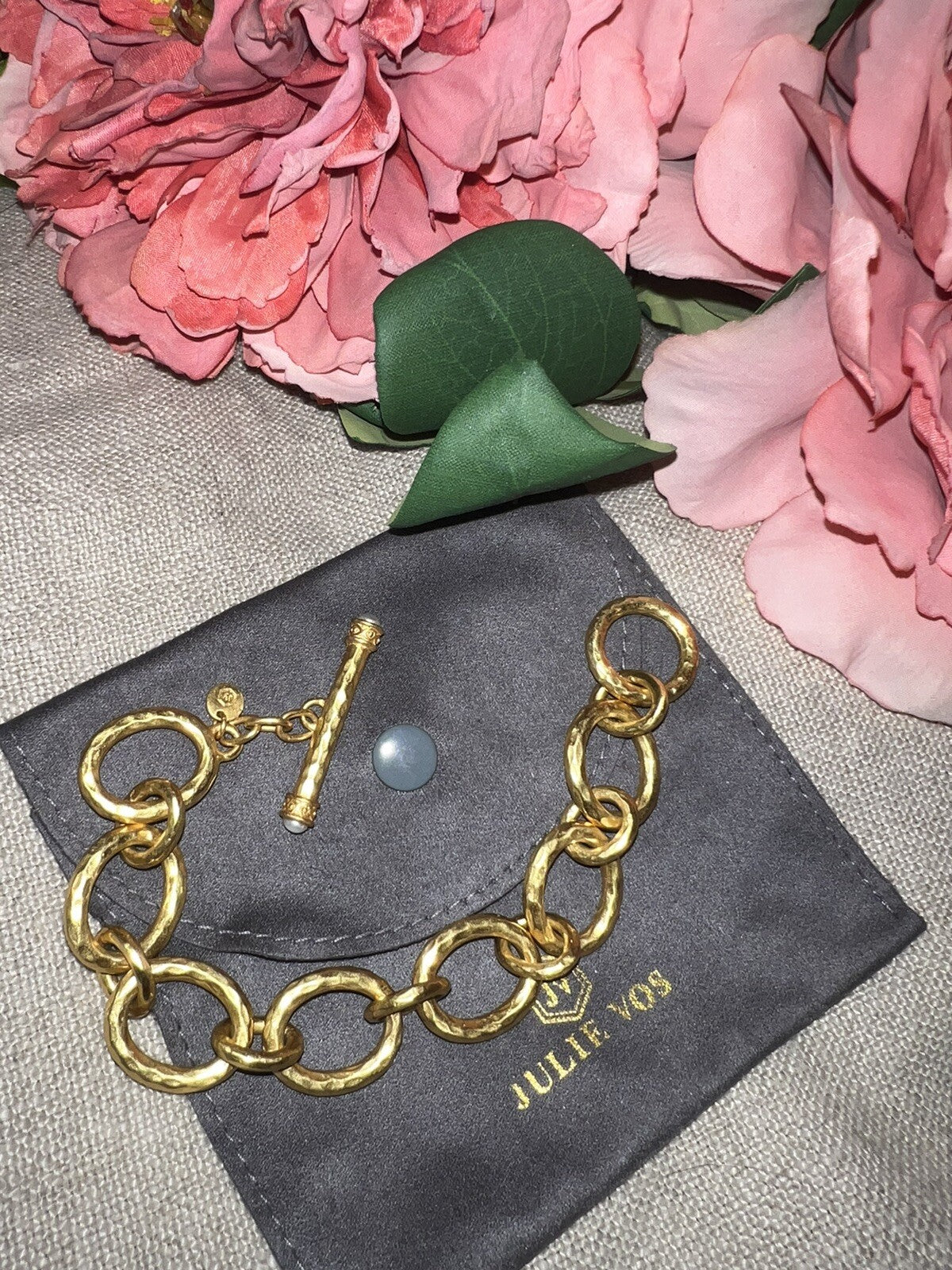 Julie Vos 24k Gold Plated Toggle Chain Link Bracelet PEARL END CAPS Julie Vos