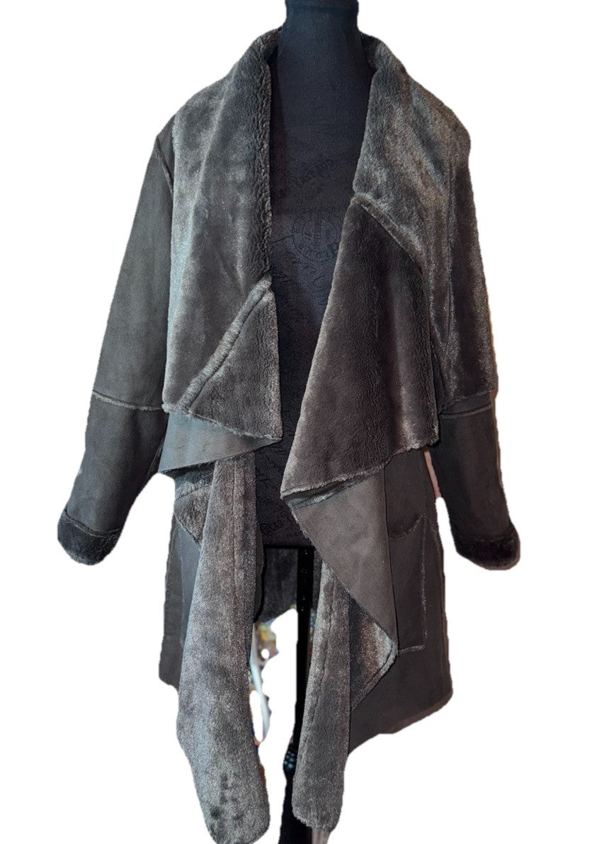 Johnny Was M Black Fuzzy Fur & Faux Suede Coat Jacket Wrap Pockets Western Johnny Was