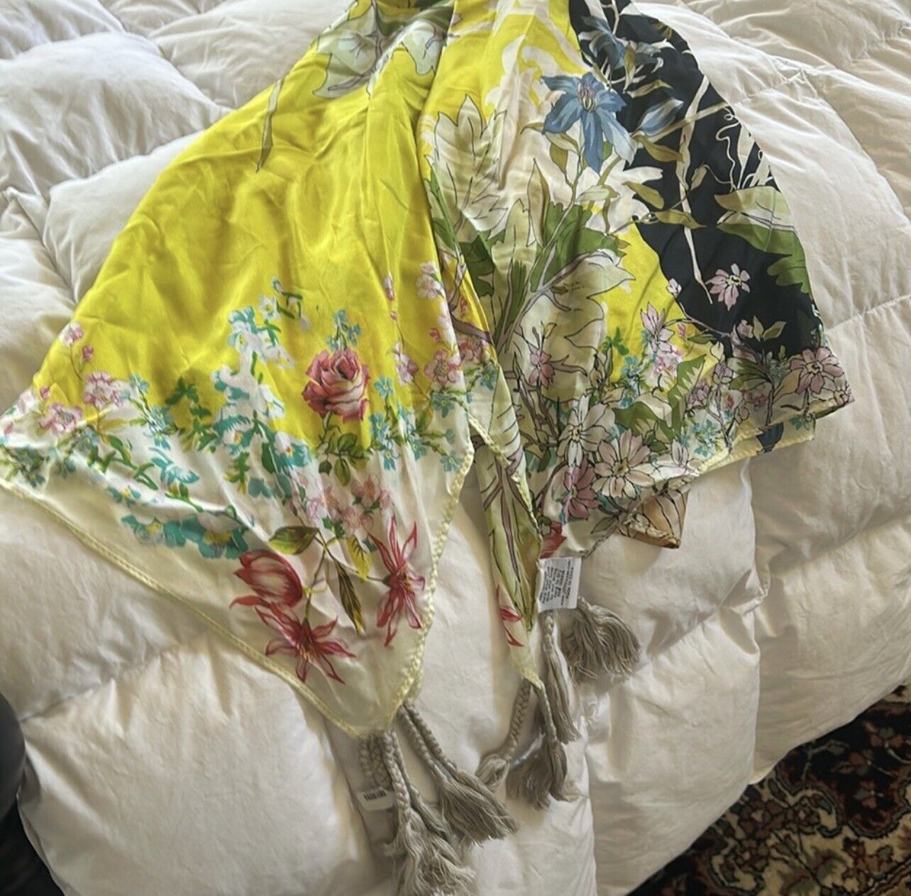 Johnny Was Floral 100% Silk Scarf Tassels Beautiful Condition 43” X 43”