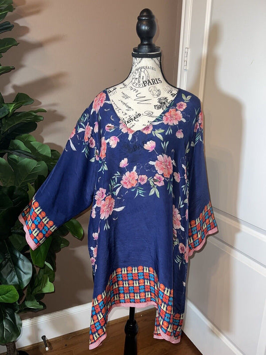 NEW Johnny Was Silky Tunic Top Sz XXL 2XL  2X Navy Blue Floral NWOT