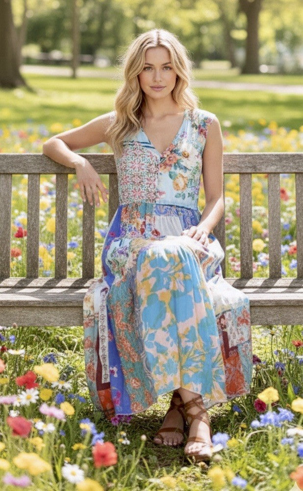 Johnny Was 1XL 1X Maxi Dress Sleeveless Patchwork Floral Pattern Tassel BOHO Johnny Was