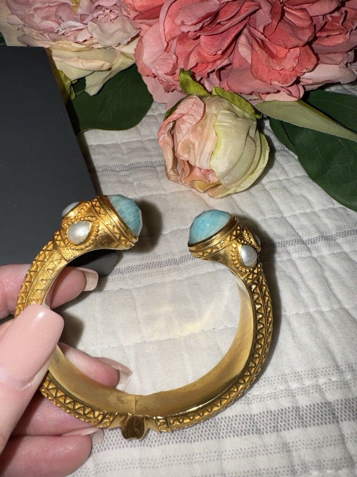 RETIRED Julie Vos Turquoise & Pearl Hinged Bangle Cuff Bracelet 24k Gold Plated