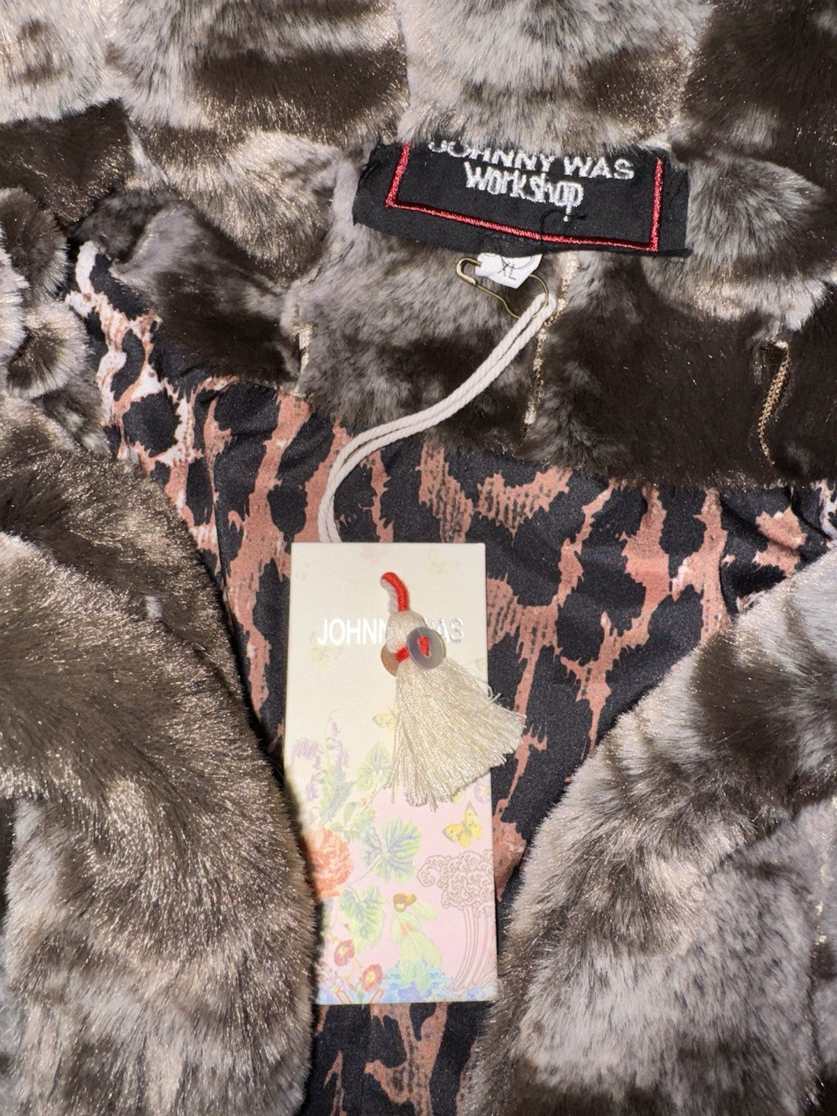 Johnny Was XL Black & Grey Faux Fur Coat Jacket Silk Lining Pockets Soft Johnny Was