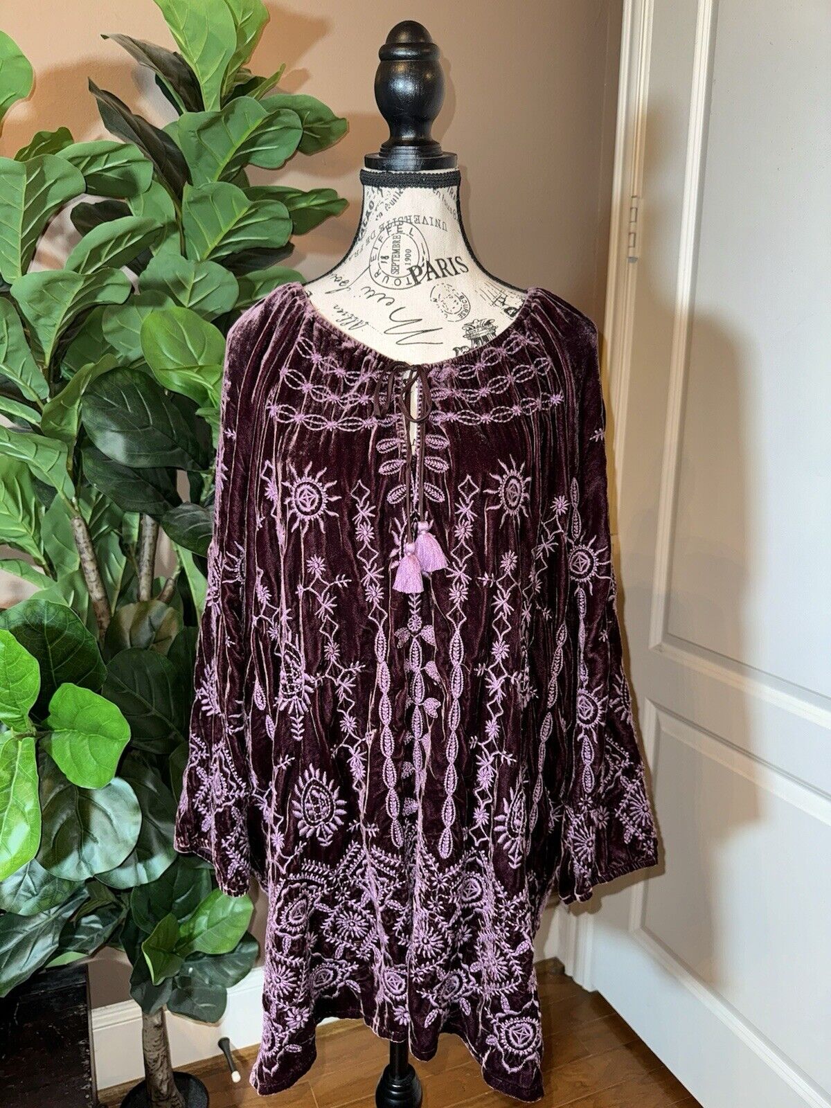 JOHNNY WAS XXL VELVET Eggplant Purple Embroidered Dress Peasant Top Tassels