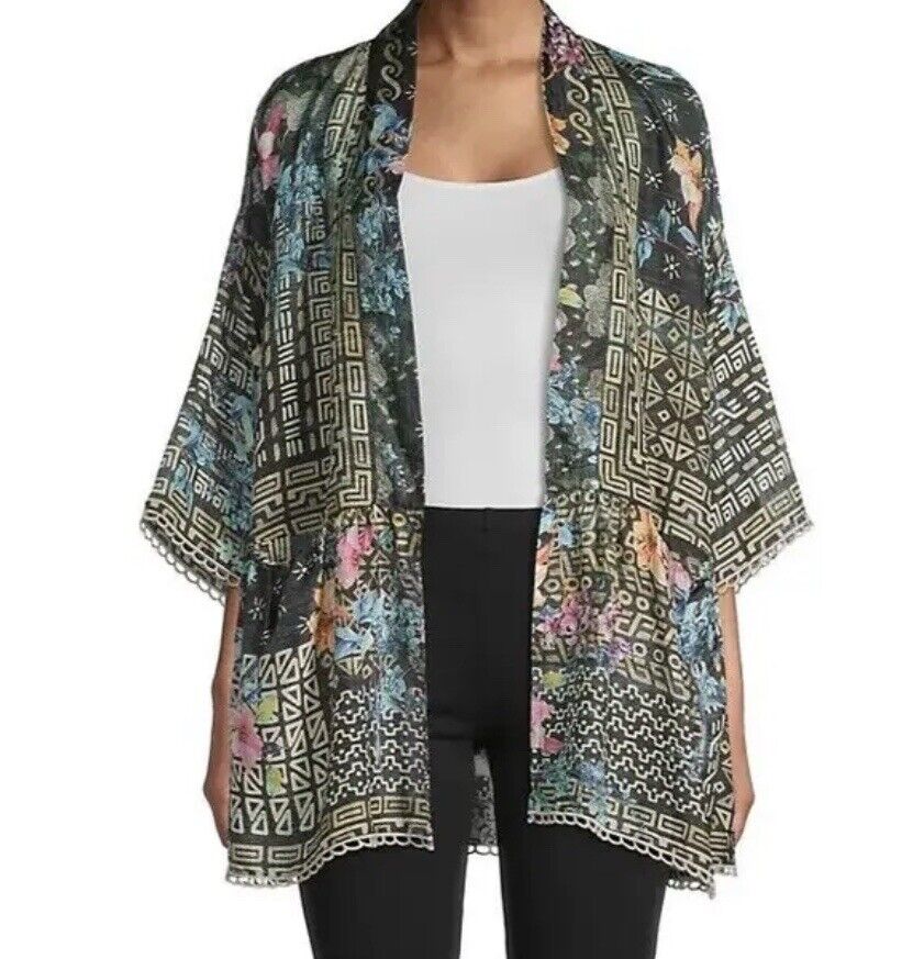 Johnny Was 100% Silk Kimono Sz M Tunic Top Black Floral Wrap