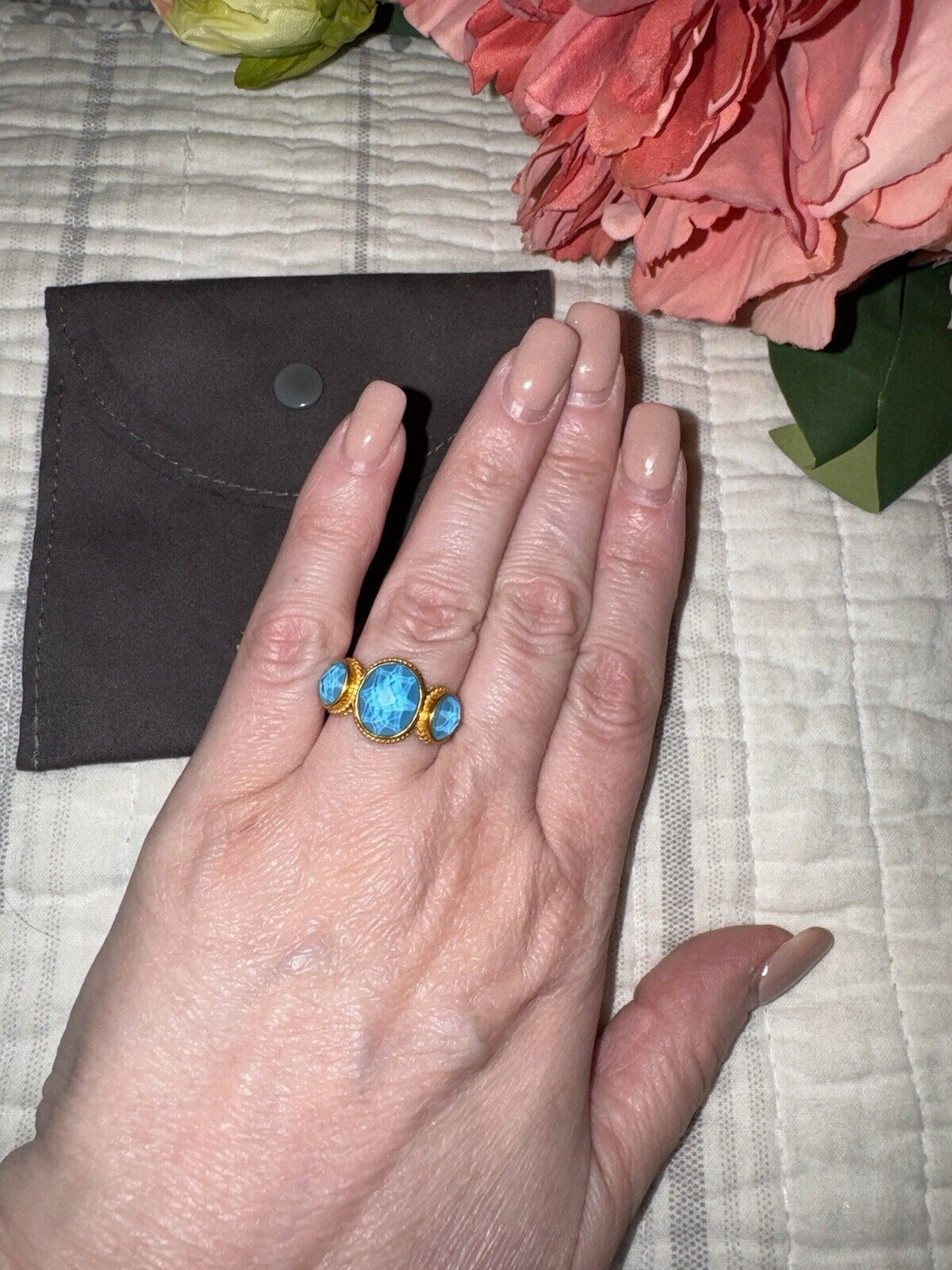 NEW Julie Vos Three Stone Ring Iridescent Pacific Blue & 24k Gold Plate Sz 9 NWT