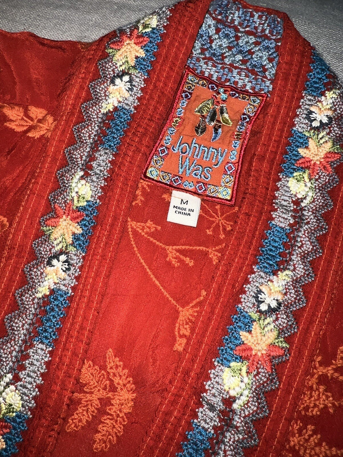 Johnny Was M Orangish Red Short Kimono Wrap Top Embroidered Lightweight Cool Johnny Was